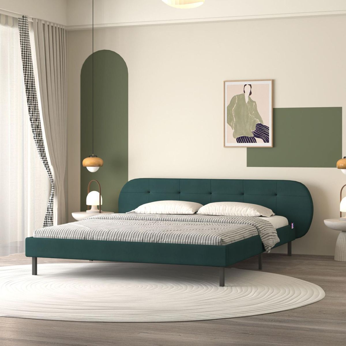 CONCEPT USINE Lit capitonné 140x190cm vert avec tête de lit et sommier TULSA