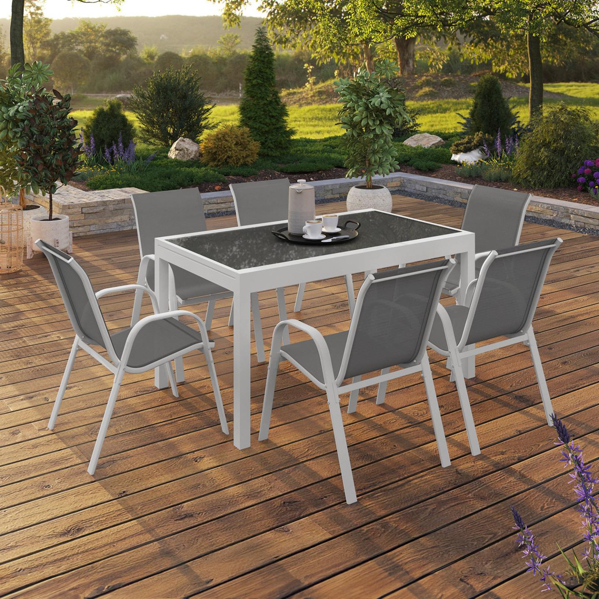 Voir la diapositive 4 : ID MARKET Salon de jardin madrid table extensible 135-270 cm et 12 chaises empilables blanc et gris