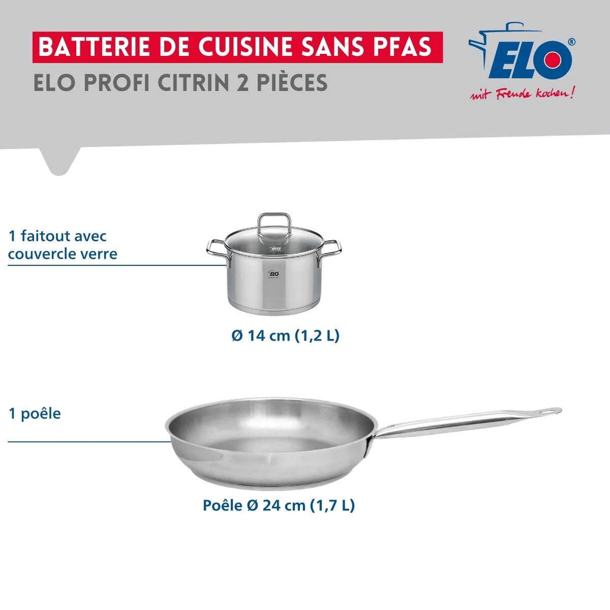 Voir la diapositive 2 : ELO Ensemble de 1 poêle de cuisson 24 cm et 1 faitout 14 cm elo profi citrin