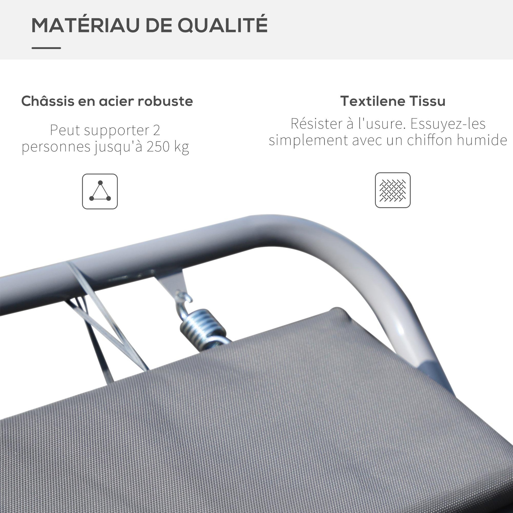 Voir la diapositive 6 : HOMCOM Bain de soleil transat de jardin bascule 2 personnes hamac 2,12 x 1,75 x 0,6 m gris
