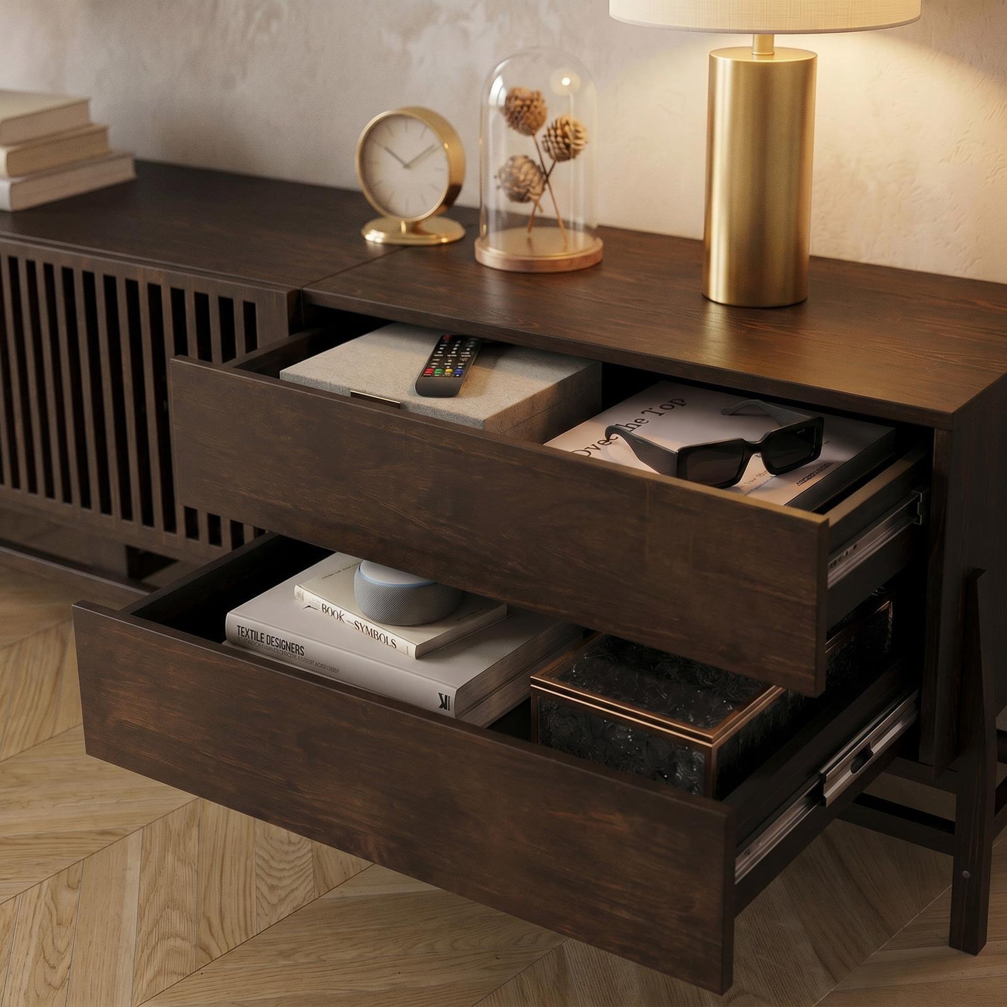 Voir la diapositive 6 : IDIMEX Meuble tv adamo l 220 cm 2 portes, 2 tiroirs en bois massif