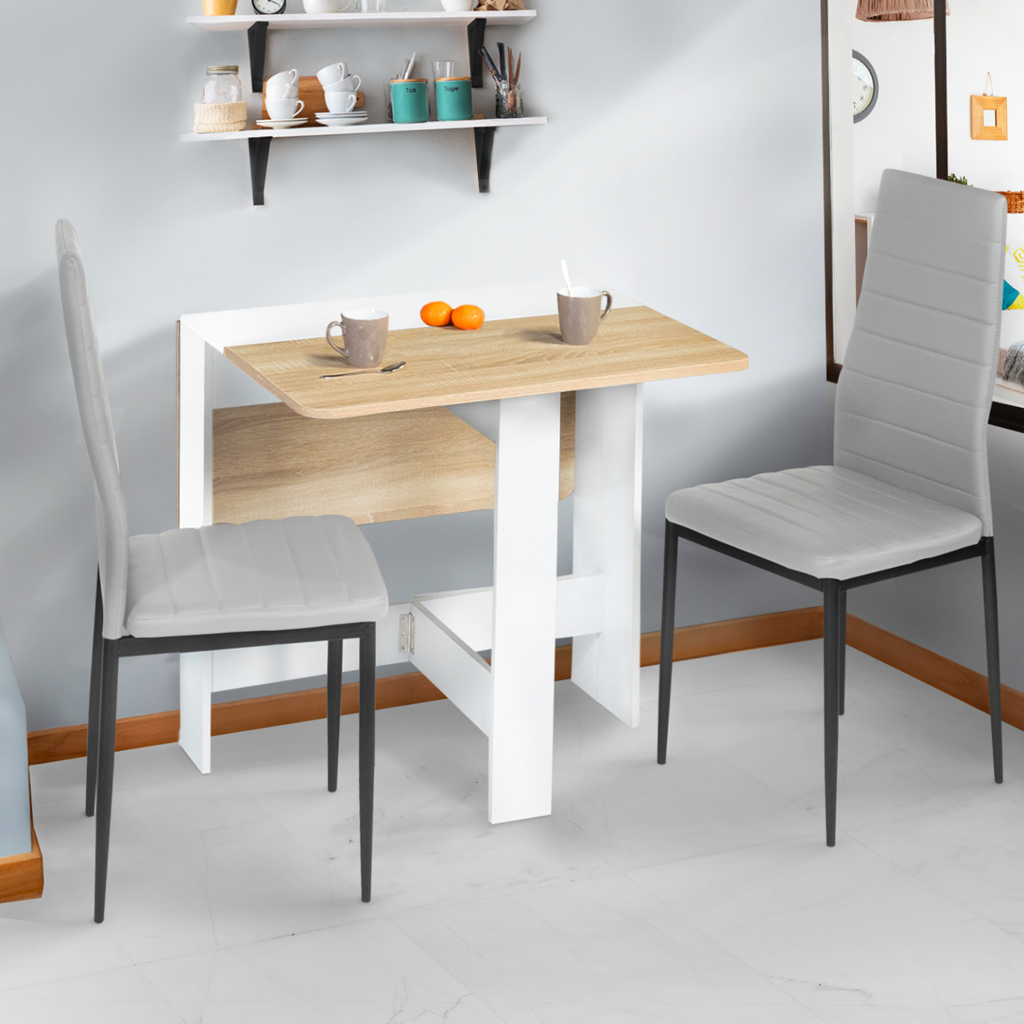 Voir la diapositive 2 : ID MARKET Table console pliable edi 2-4 personnes bois blanc plateau façon hêtre 103 x 76 cm