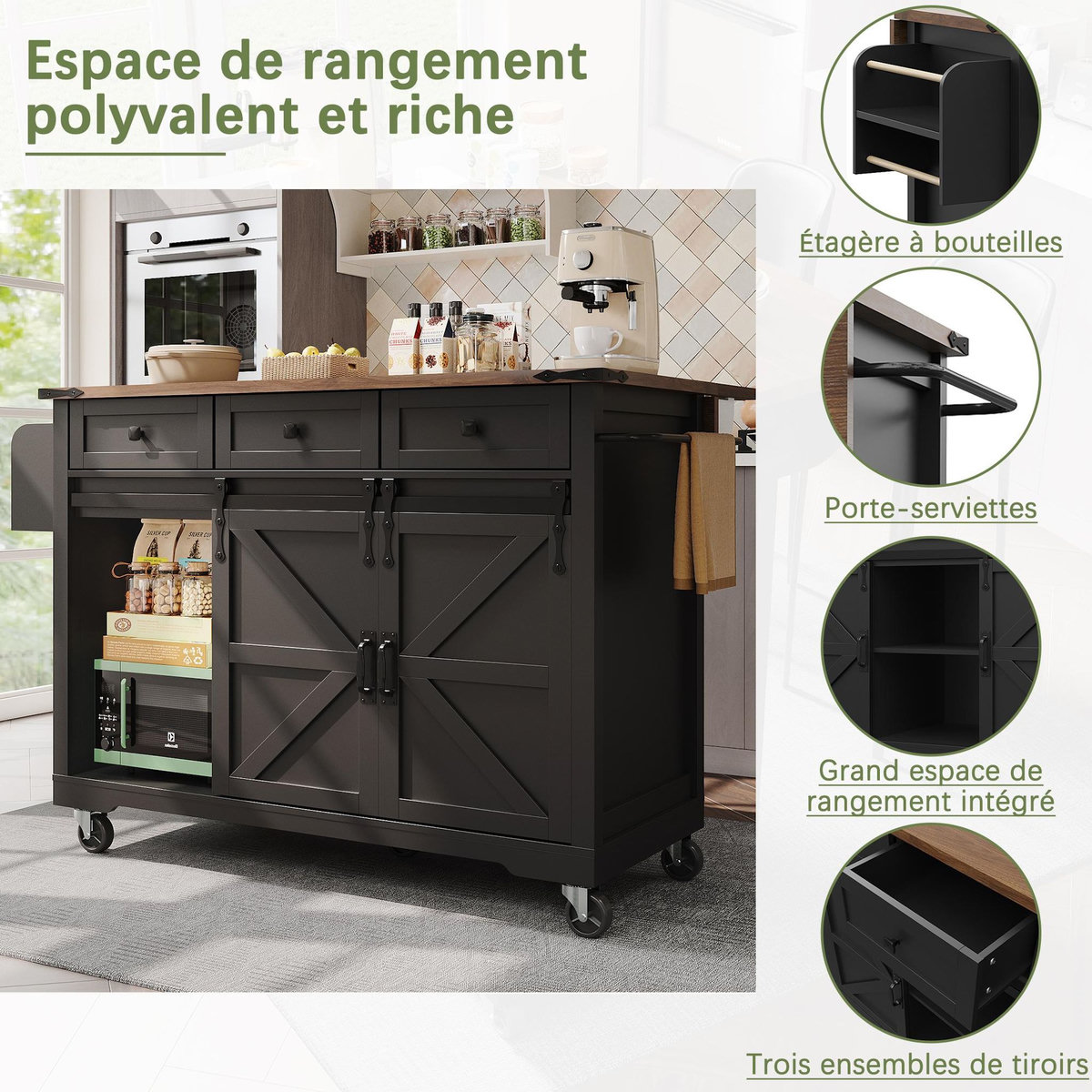 MERAX Desserte 2 portes 3 tiroirs coloris noir mdf