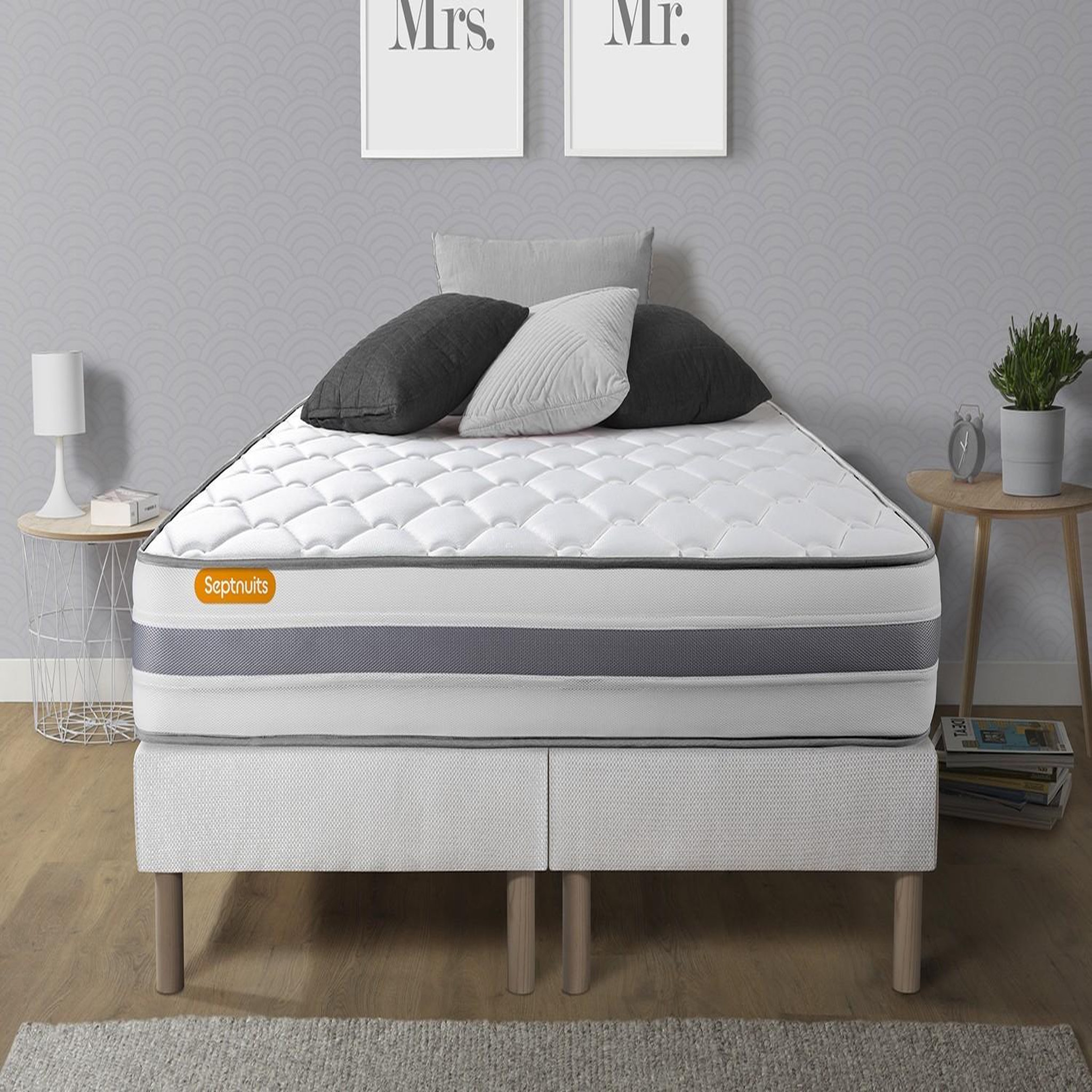 SEPTNUITS Matelas + double sommiers Memo Spring Ressorts ensachés 3 zones de confort MAXI épaisseur. Coloris disponibles : Blanc