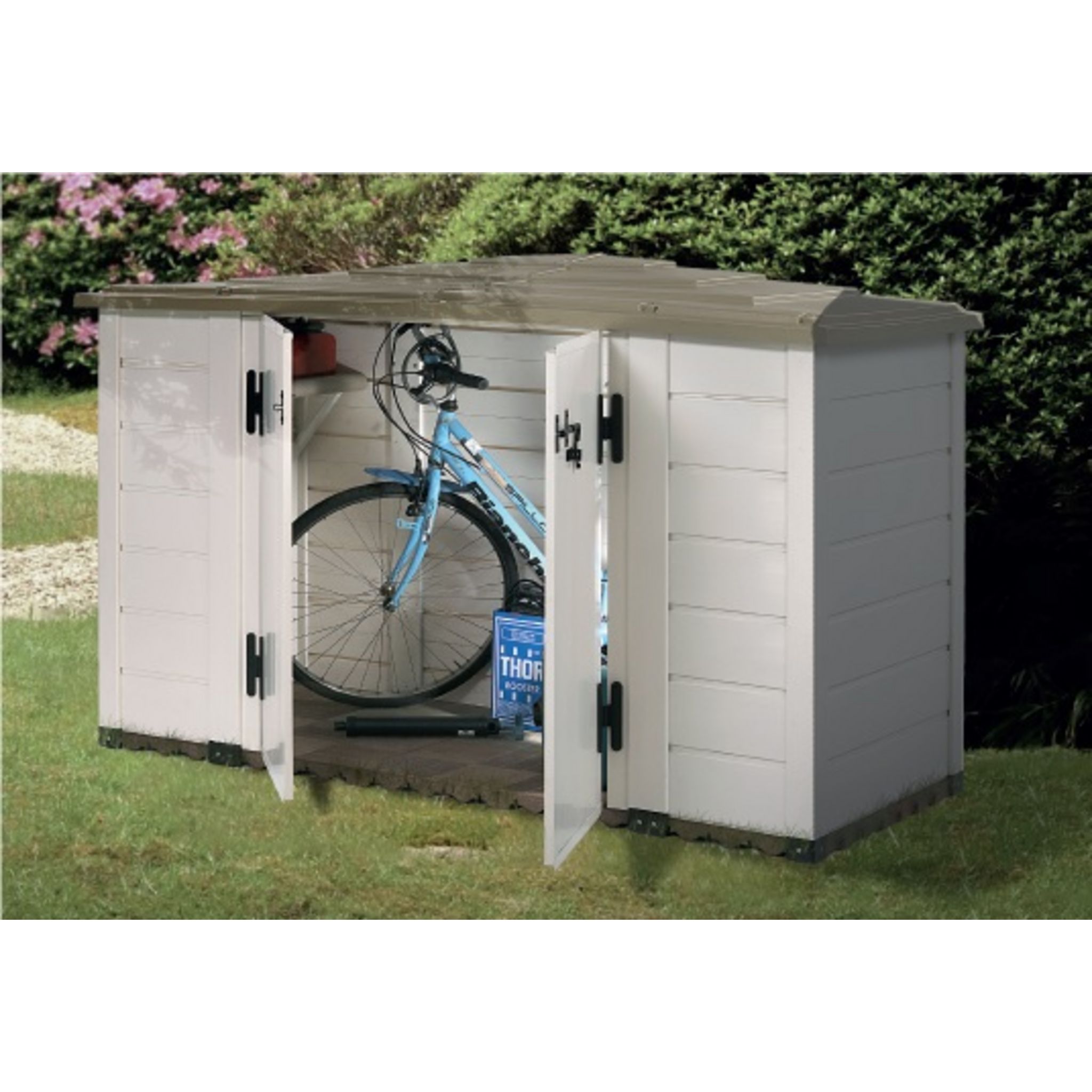 Coffre de rangement jardin rangement à vélo résine - 1930L - Beige et marron clair - BOX EVO 200