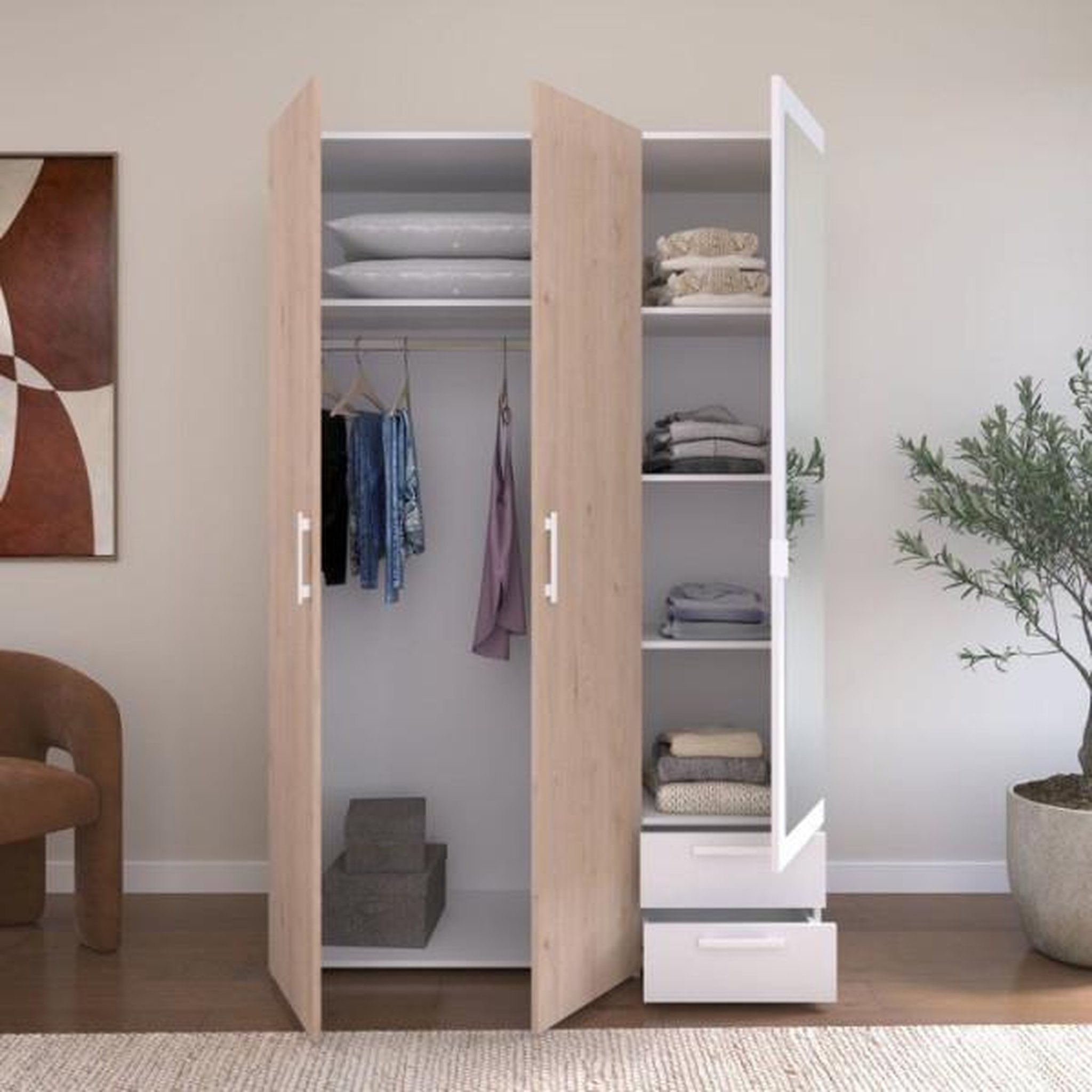 Voir la diapositive 2 : PARISOT Armoire VARIA - Panneaux de particules revetu papier - Décor chene et blanc - 3 portes - L 120,3 x P 5,7 x H 185 cm