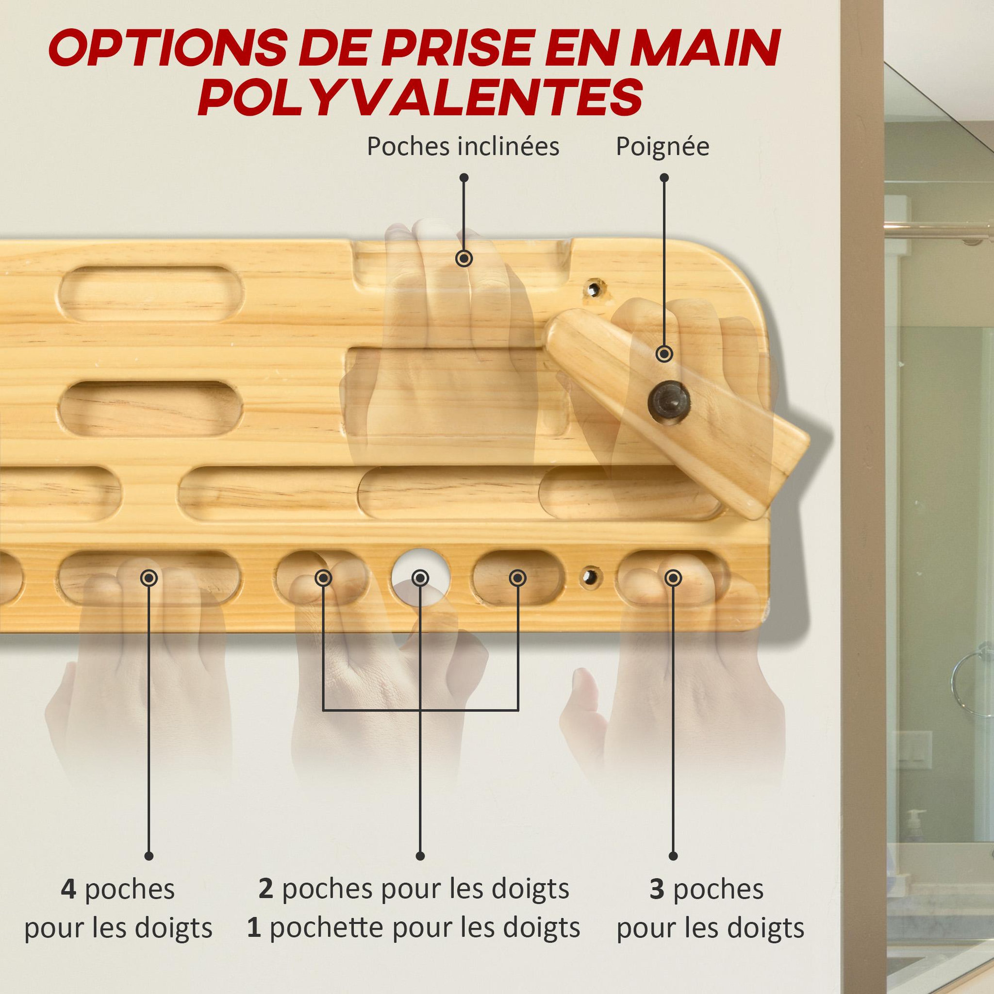 Voir la diapositive 4 : HOMCOM Poutre d'entrainement escalade - planche d'escalade - nombreuses différentes préhensions - bois de hêtre
