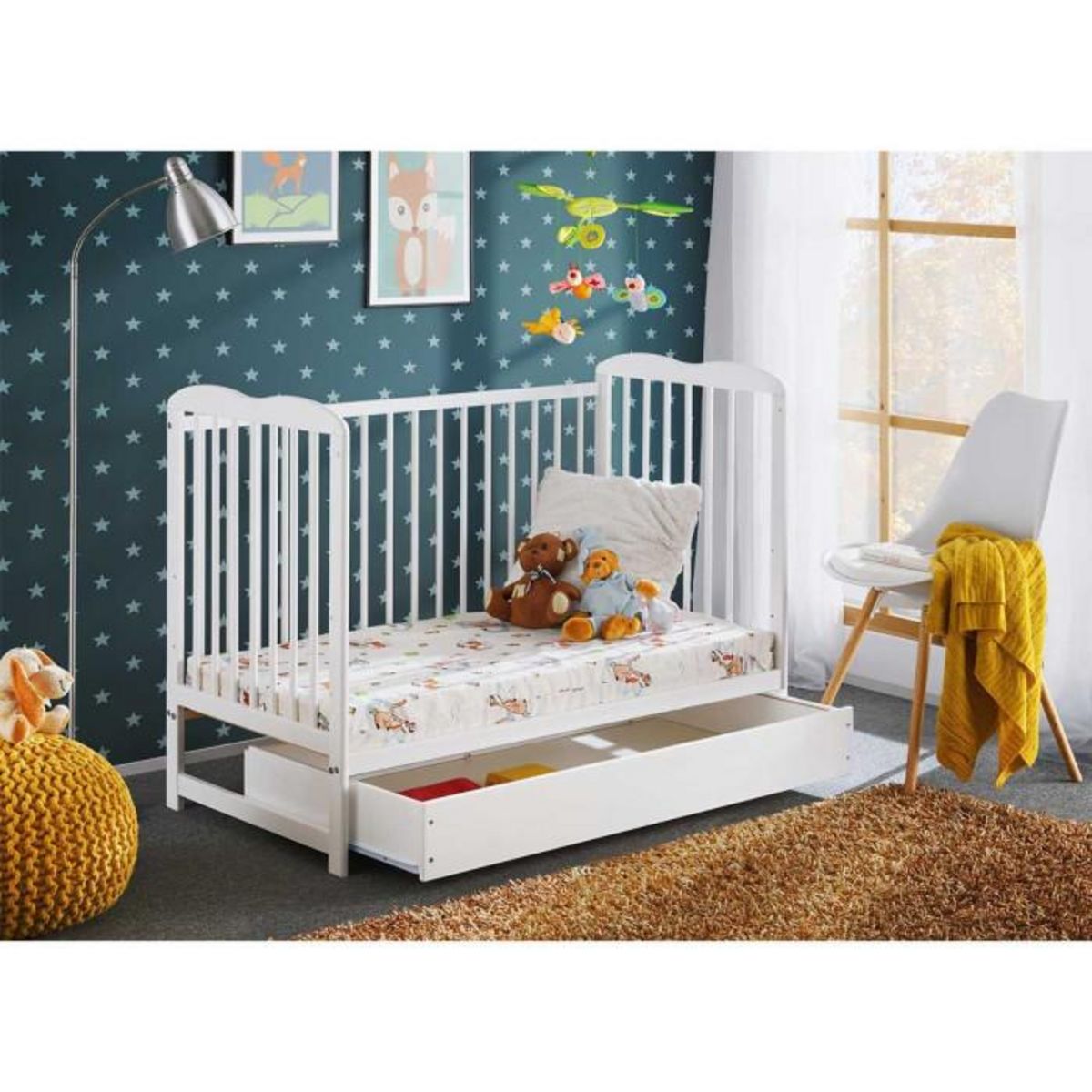 Paris Prix Lit Bébé, Matelas & Tiroir  Ala  60x120cm Blanc Mat