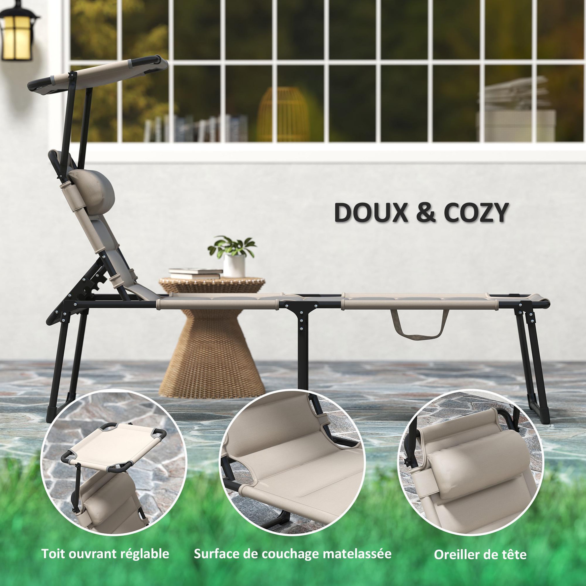 Voir la diapositive 6 : OUTSUNNY Lot de 2 bains de soleil transats pliables réglables avec pare-soleil taupe