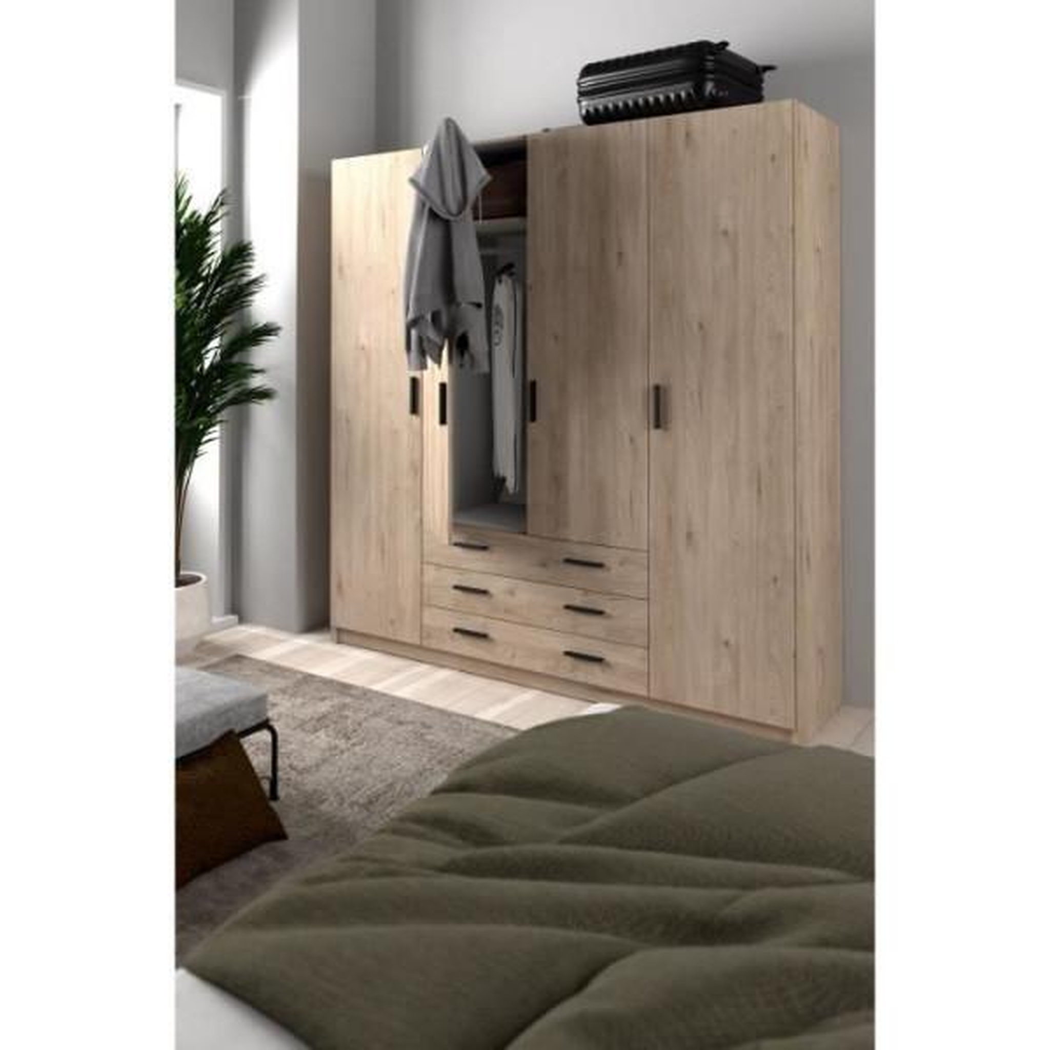 Voir la diapositive 2 : Armoire VEGA - Décor Chene Jackson - 4 portes + 3 tiroirs - L 195,5 x P 49,6 x H 200,4 cm