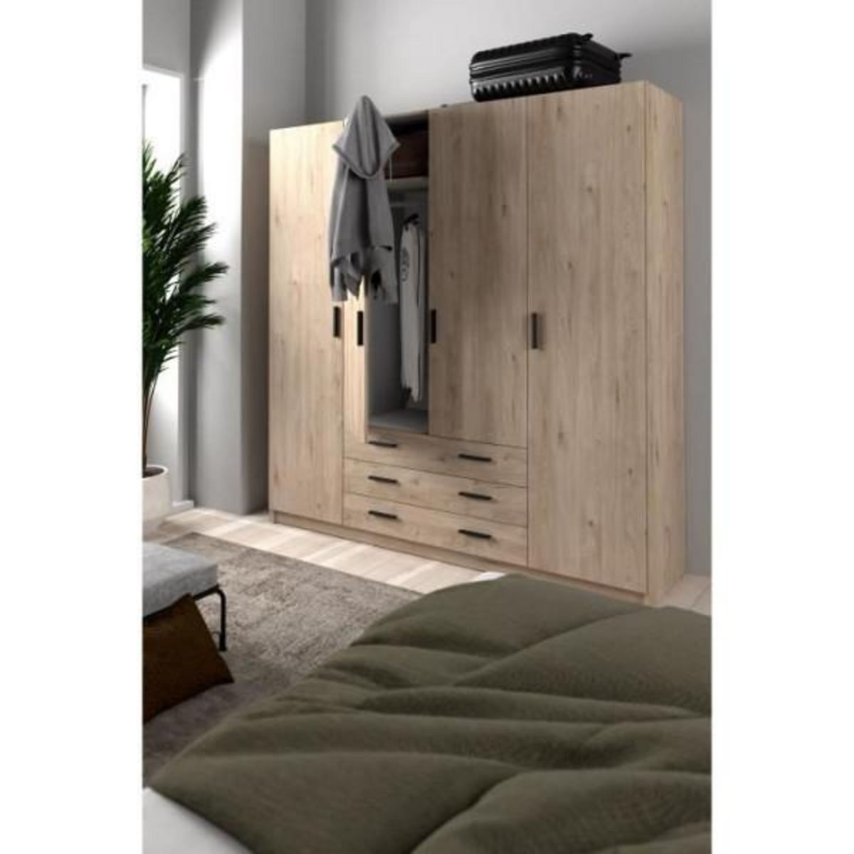MARKET24 Armoire VEGA - Décor Chene Jackson - 4 portes + 3 tiroirs - L 195,5 x P 49,6 x H 200,4 cm