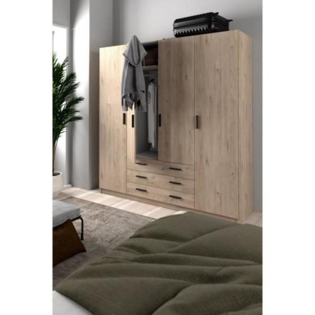 MARKET24 Armoire VEGA - Décor Chene Jackson - 4 portes + 3 tiroirs - L 195,5 x P 49,6 x H 200,4 cm