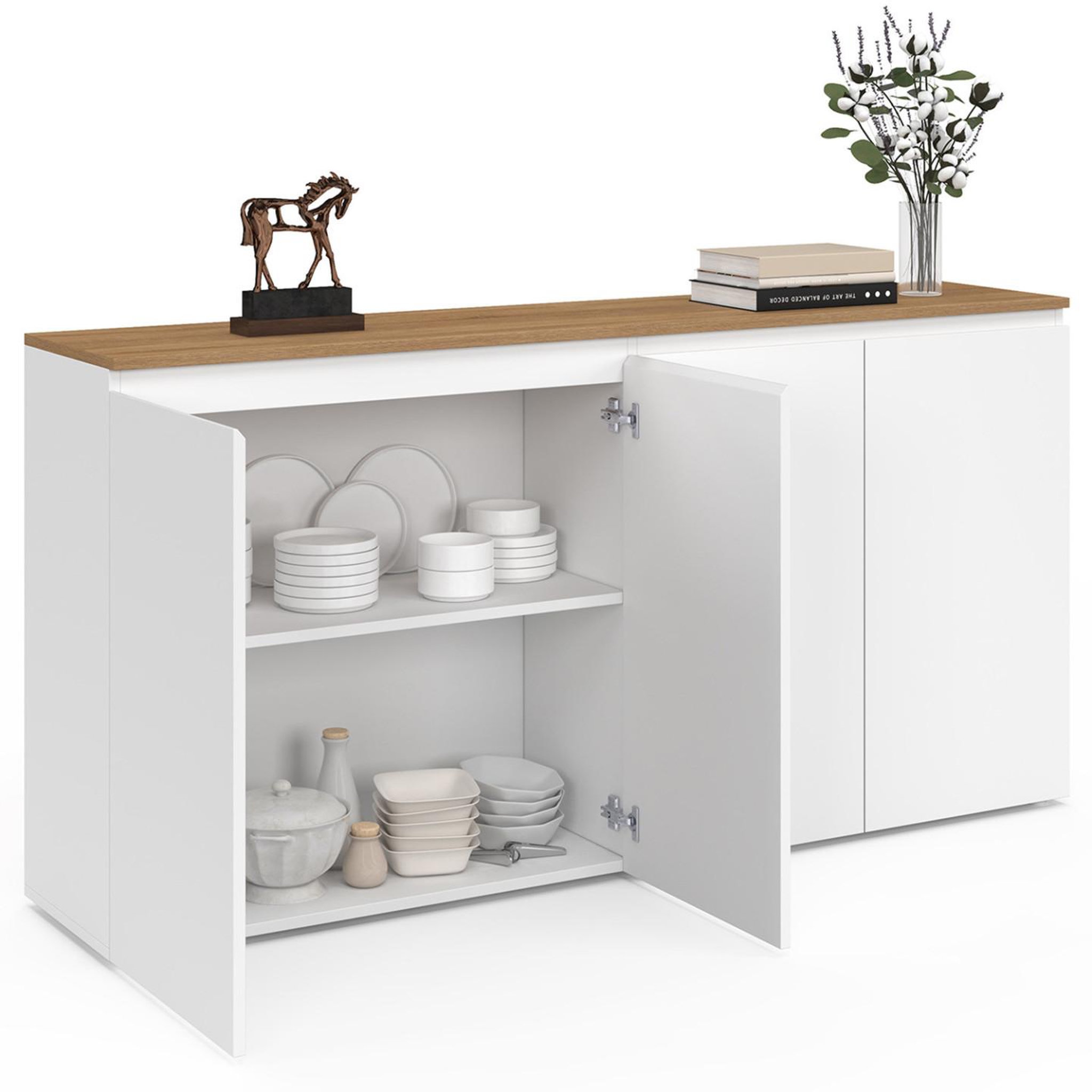 Voir la diapositive 4 : ID MARKET Buffet 160 cm TOBY 4 portes blanc et plateau bois