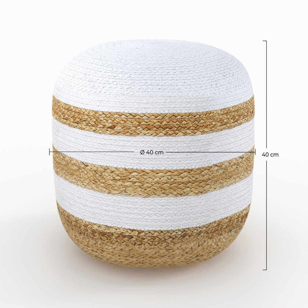 Rendez vous déco Pouf rond en jute, rayures blanches D40 cm-Billy