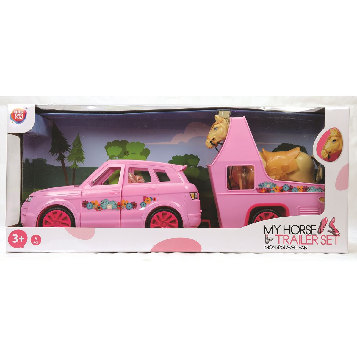 One Two Fun Coffret voiture avec remorque, poupée et cheval