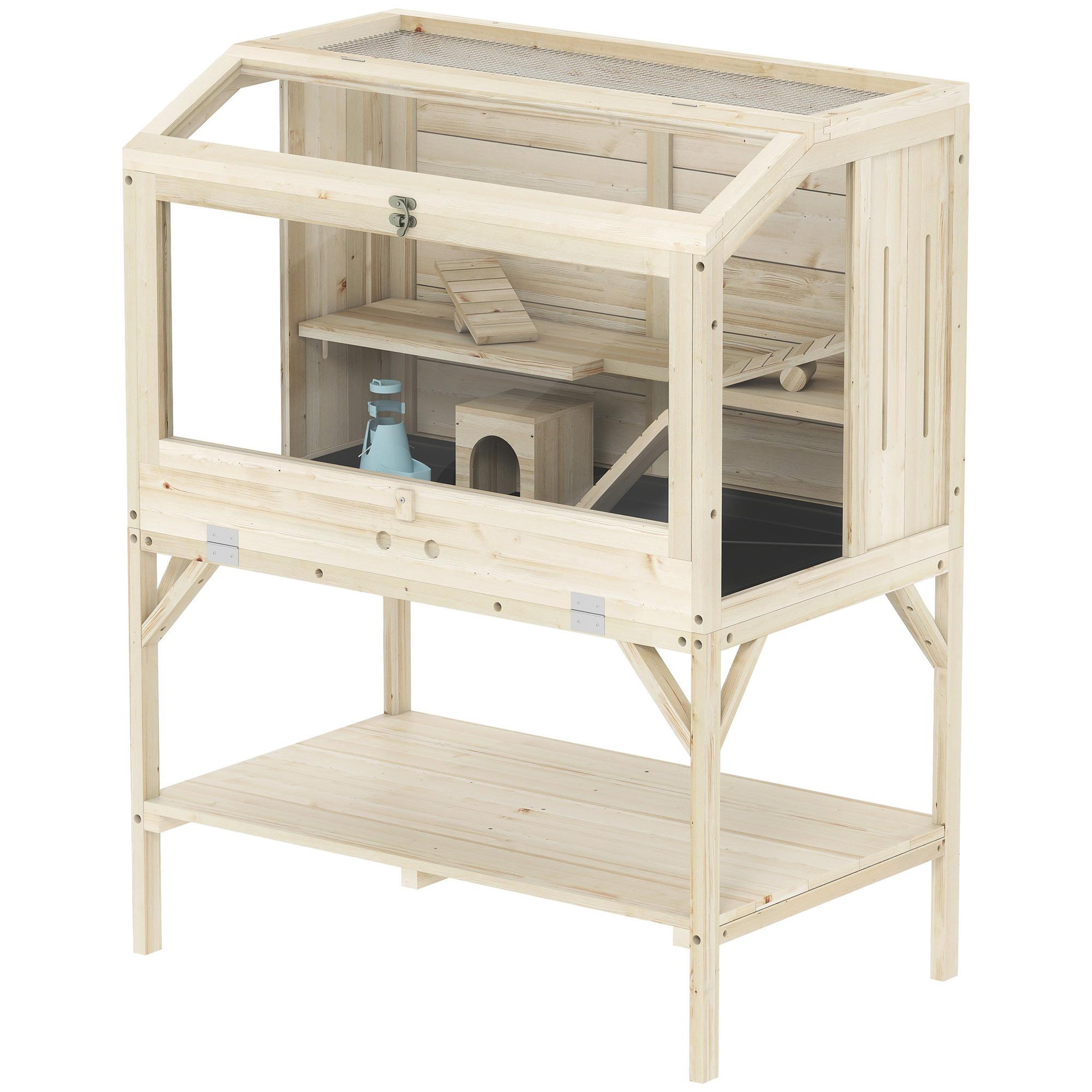 Voir la diapositive 5 : PAWHUT Cage hamster rongeur en bois - 2 niveaux - étagère - accessoires - 84 x 53 x 110 cm