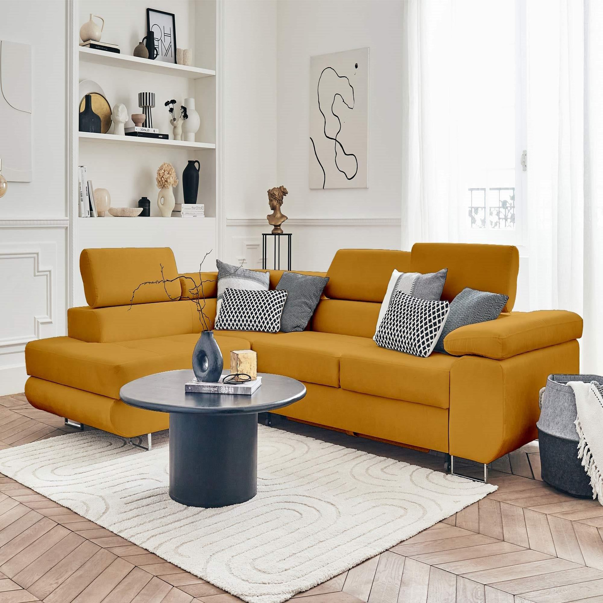 Voir la diapositive 5 : BEST MOBILIER Pablo - canapé d'angle gauche - 5 places - convertible avec coffre et têtières réglables - en velours