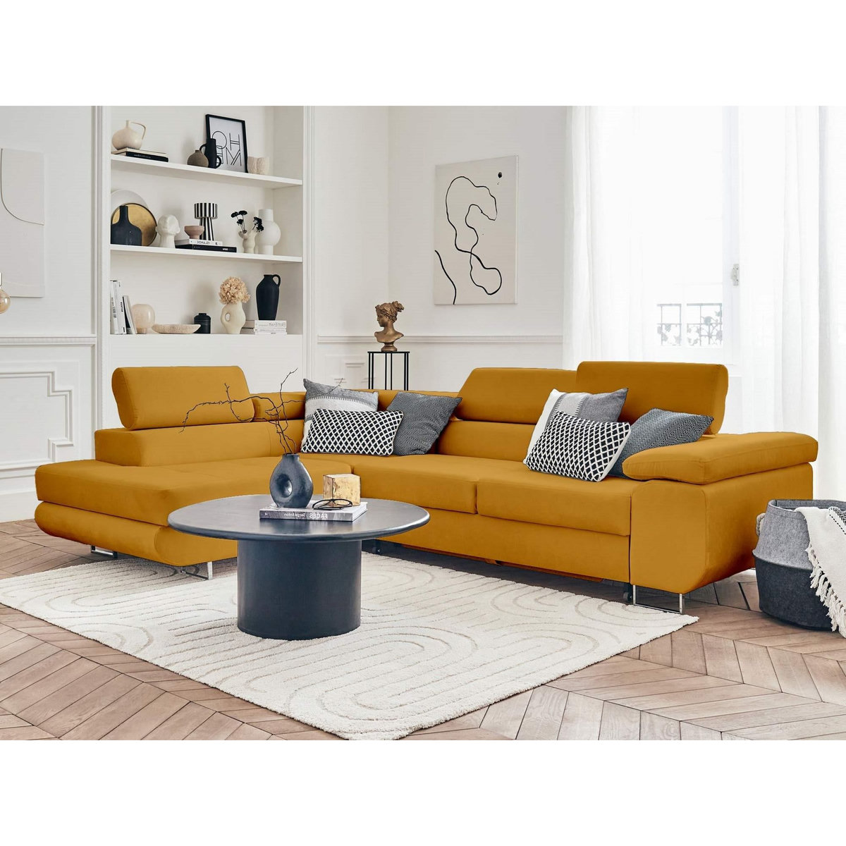 BEST MOBILIER Pablo - canapé d'angle gauche - 5 places - convertible avec coffre et têtières réglables - en velours