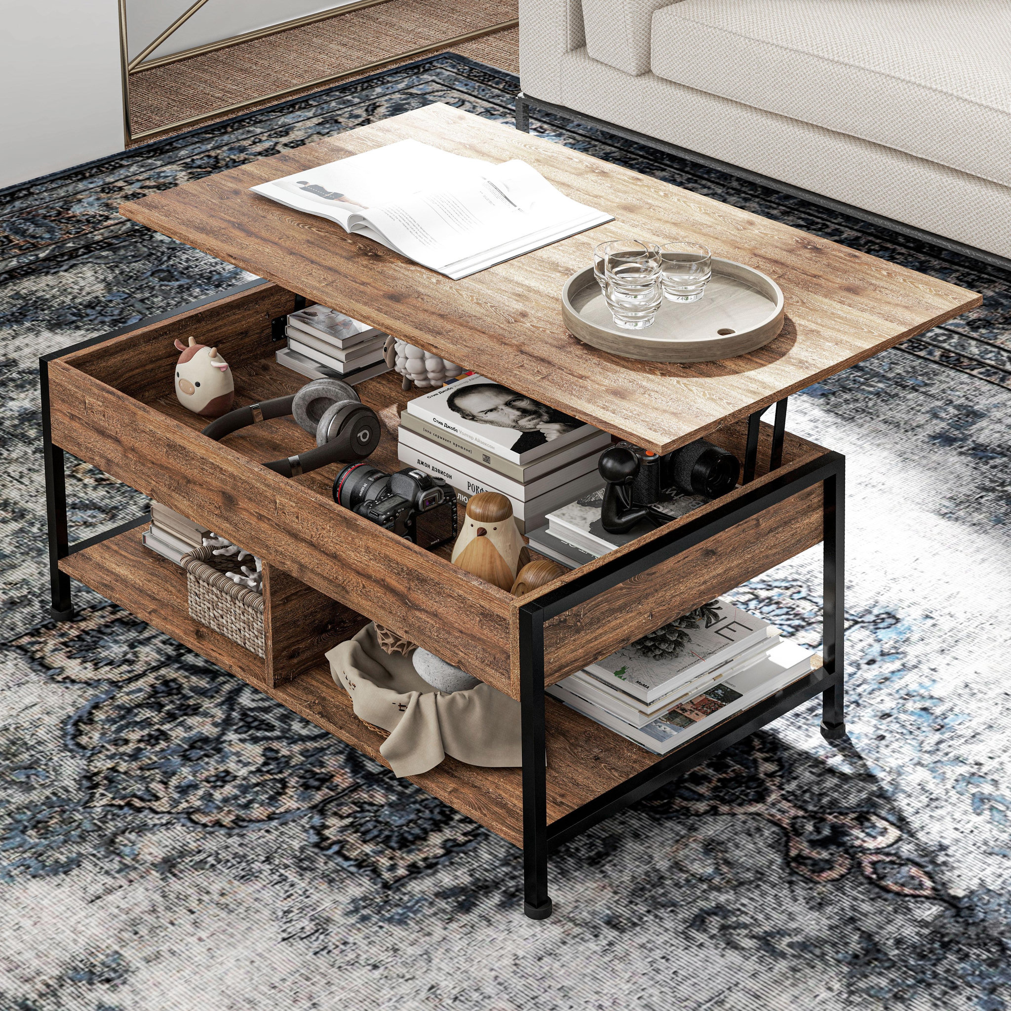 Voir la diapositive 2 : HOMCOM Table basse relevable - étagère inférieure, coffre de rangement - dim. 100L x 80l x 60H cm - aspect bois rustique noir