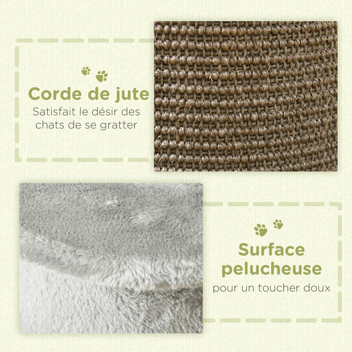 PAWHUT Griffoir grattoir poteau angle 58H cm design jeu boule suspendue + boule sur ressort peluche jute naturelle gris