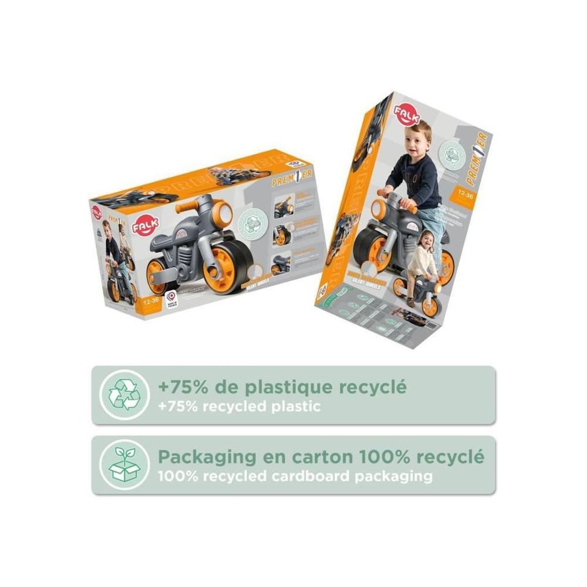 FALK Draisienne Moto Premier - FALK - Avec roues silencieuses - Gris - 75% Plastique Recyclé - 100% Fabriqué en France - Des 12 mo