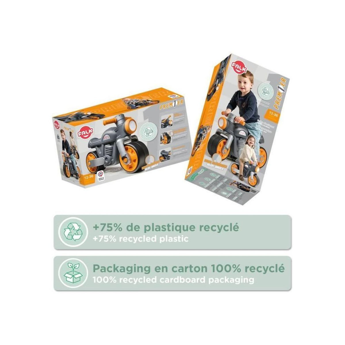 FALK Draisienne Moto Premier - FALK - Avec roues silencieuses - Gris - 75% Plastique Recyclé - 100% Fabriqué en France - Des 12 mo