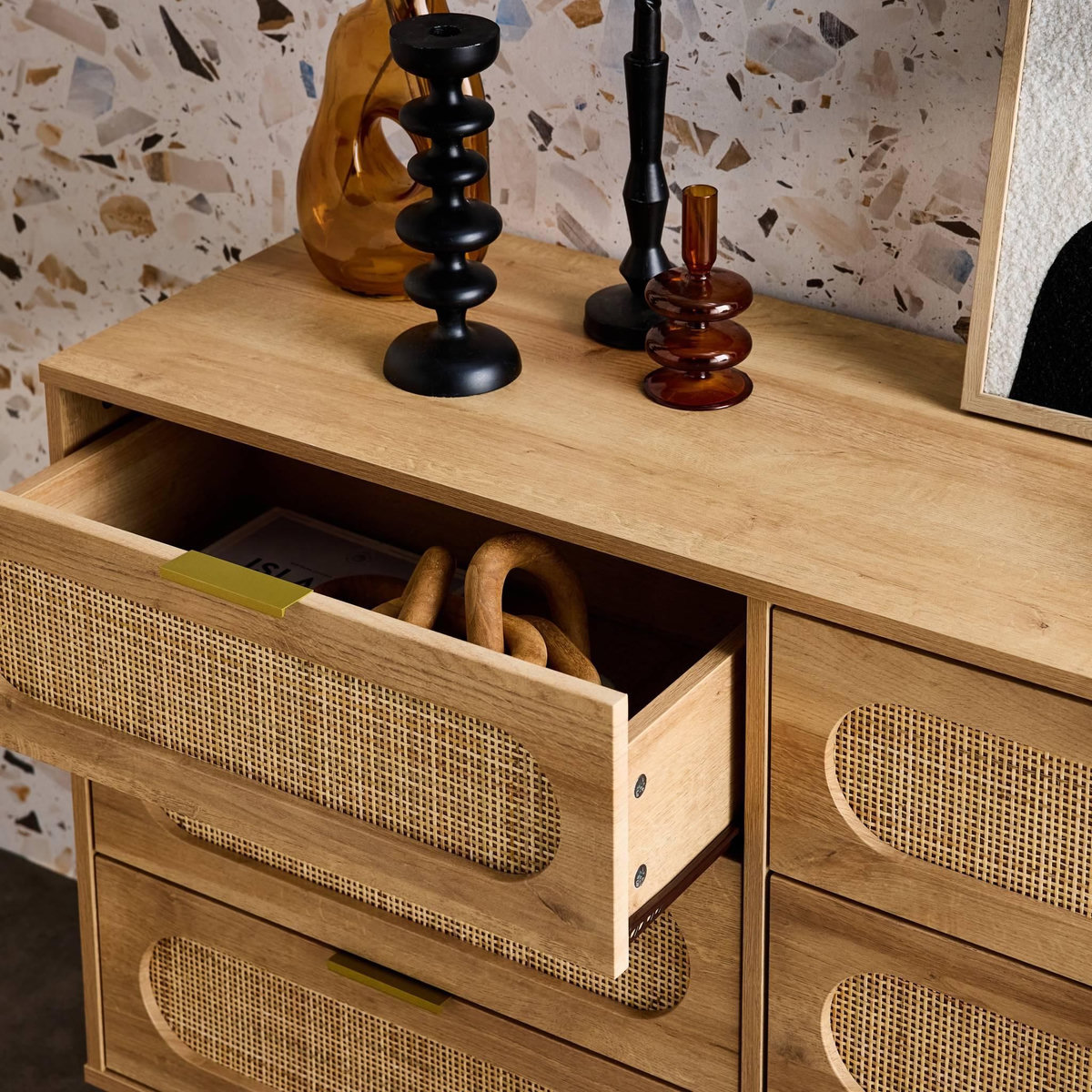 SWEEEK Commode. Eva. 6 tiroirs. décor bois. cannage arrondi L 120 x l 39 x H 79cm