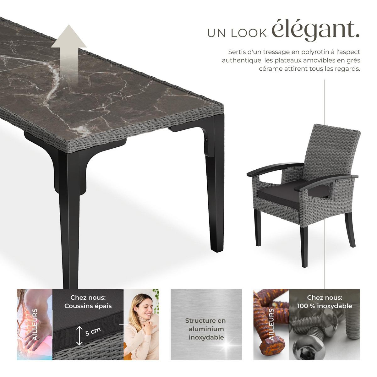 tectake Ensemble table en rotin avec 6 chaises avec cadre solide gris