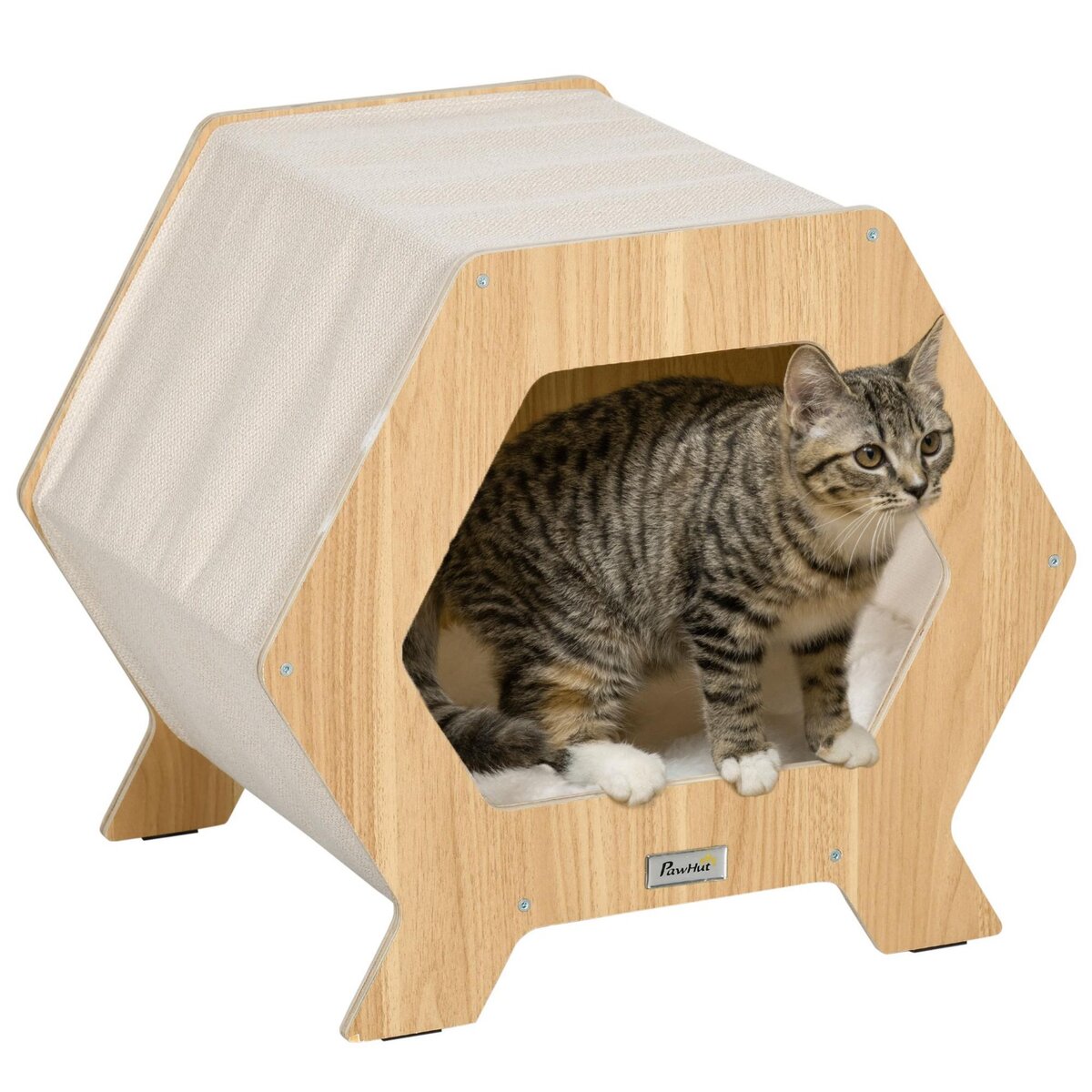 PAWHUT Maison pour chat design hexagonal - niche chat panier chat - coussin fourrure amovible, grattoir jute naturelle - contreplaqué aspect bois clair