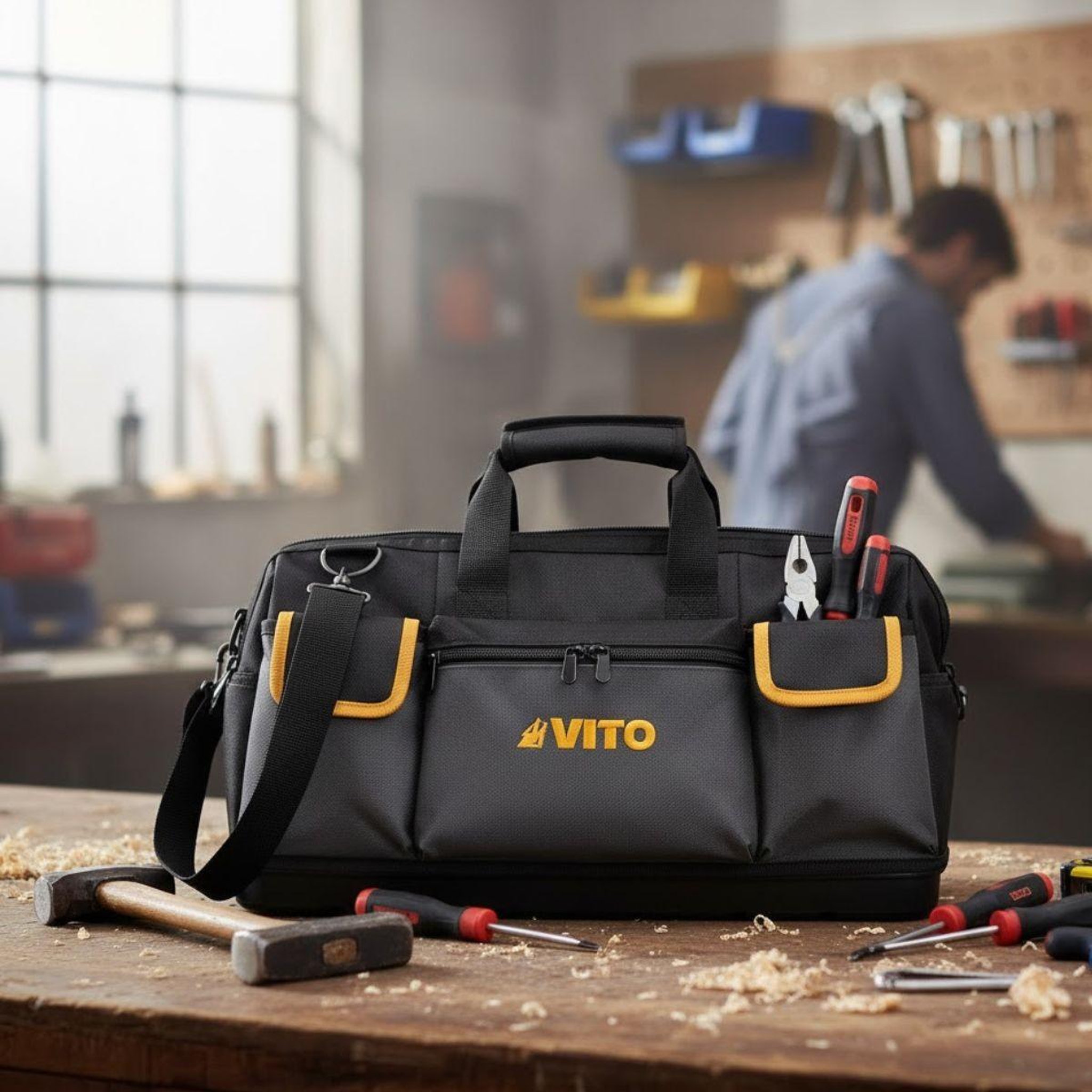 Voir la diapositive 4 : VITO Sac à outils professionnel 35l 8 poches 17 compartiments charge 25kg base rigide fond étanche bandoulière confort vito