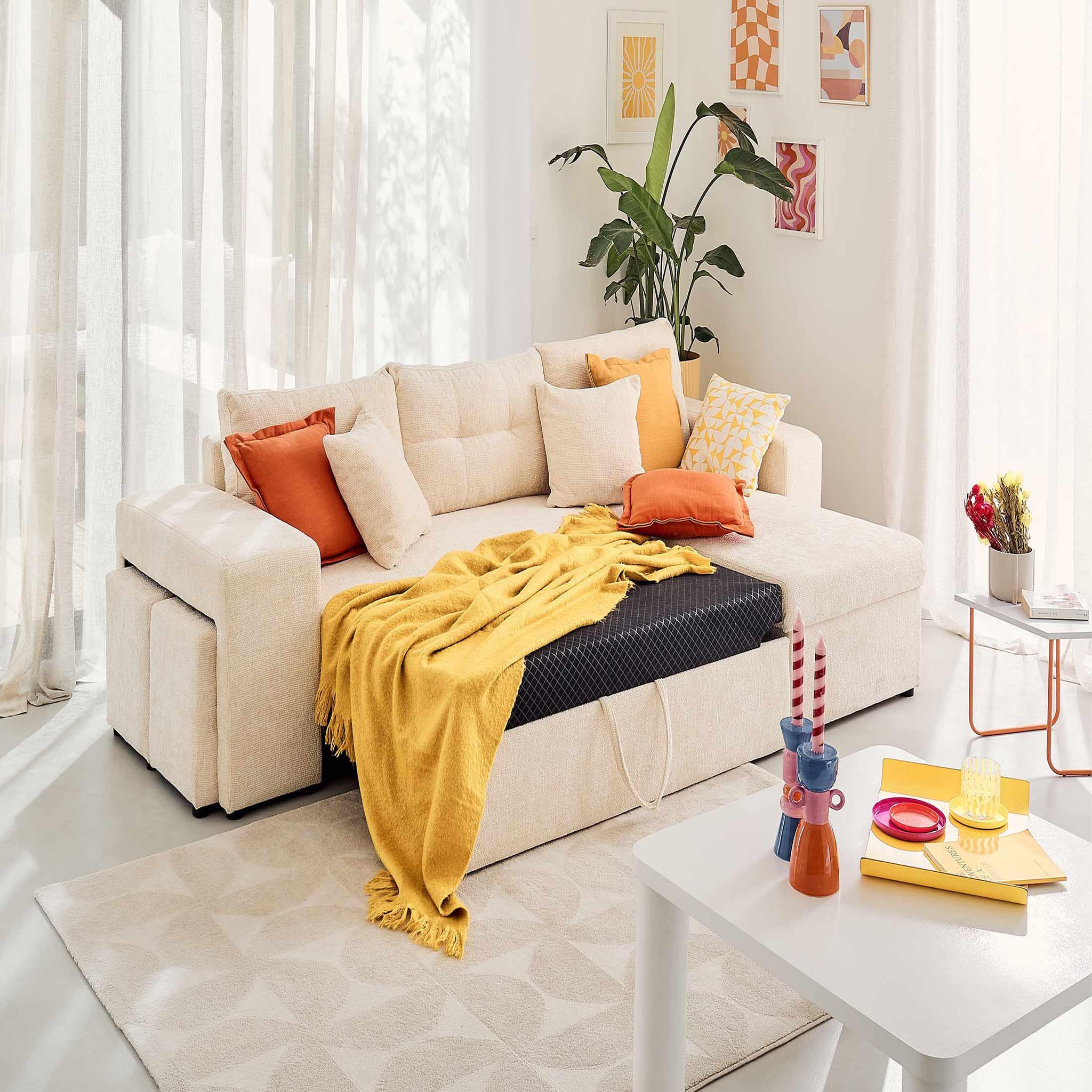 Voir la diapositive 2 : BEST MOBILIER California - canapé d'angle réversible 4 places - convertible avec coffre, étagère et poufs - en velours texturé