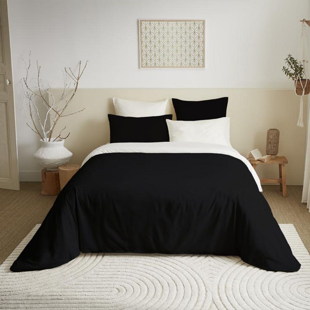 COTON PUR Pack complet 6 pièces Noir/Blanc réversible housse de couette pour lit 180 x 200 cm  King size