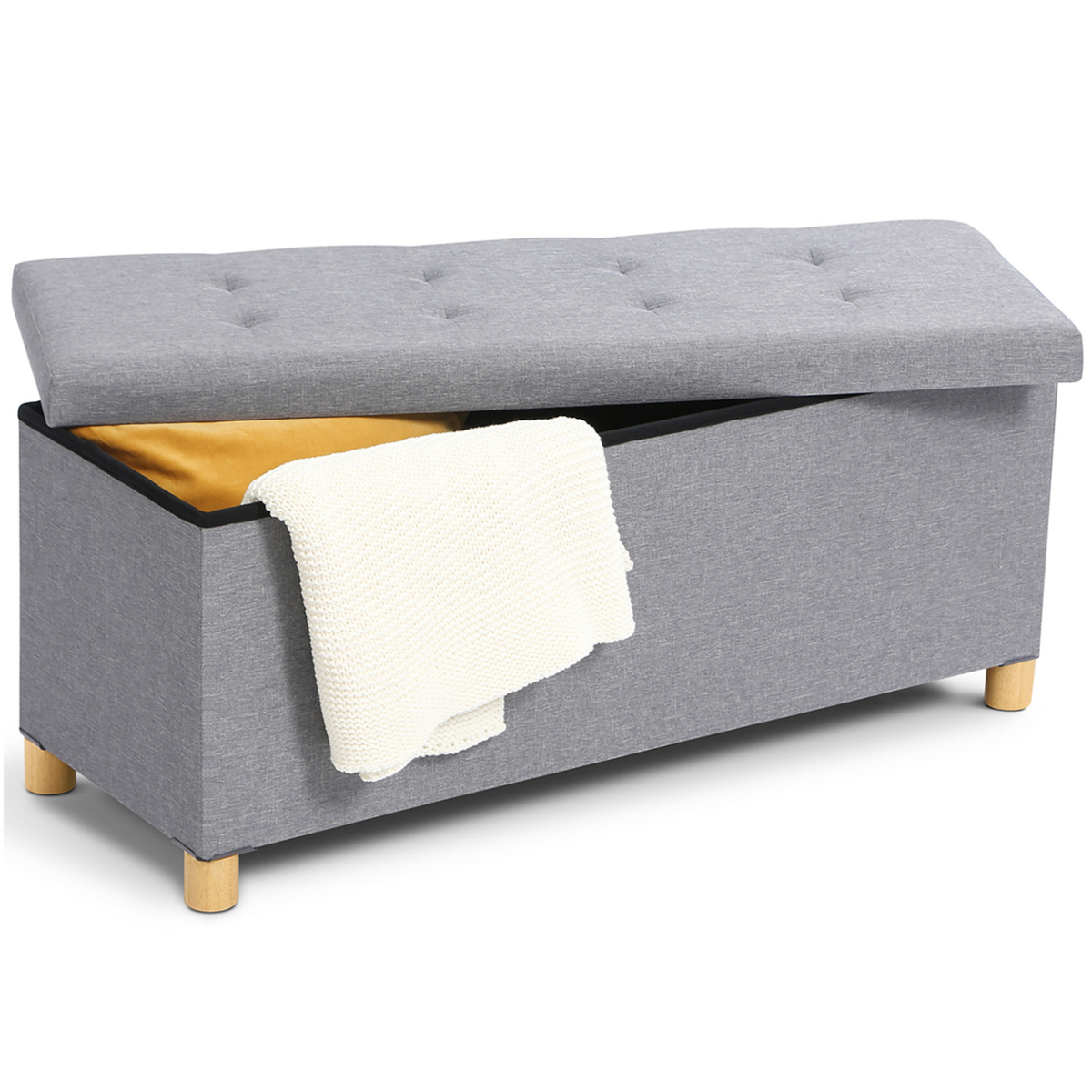 ID MARKET Banc coffre rangement sur pied 100 cm tissu gris clair