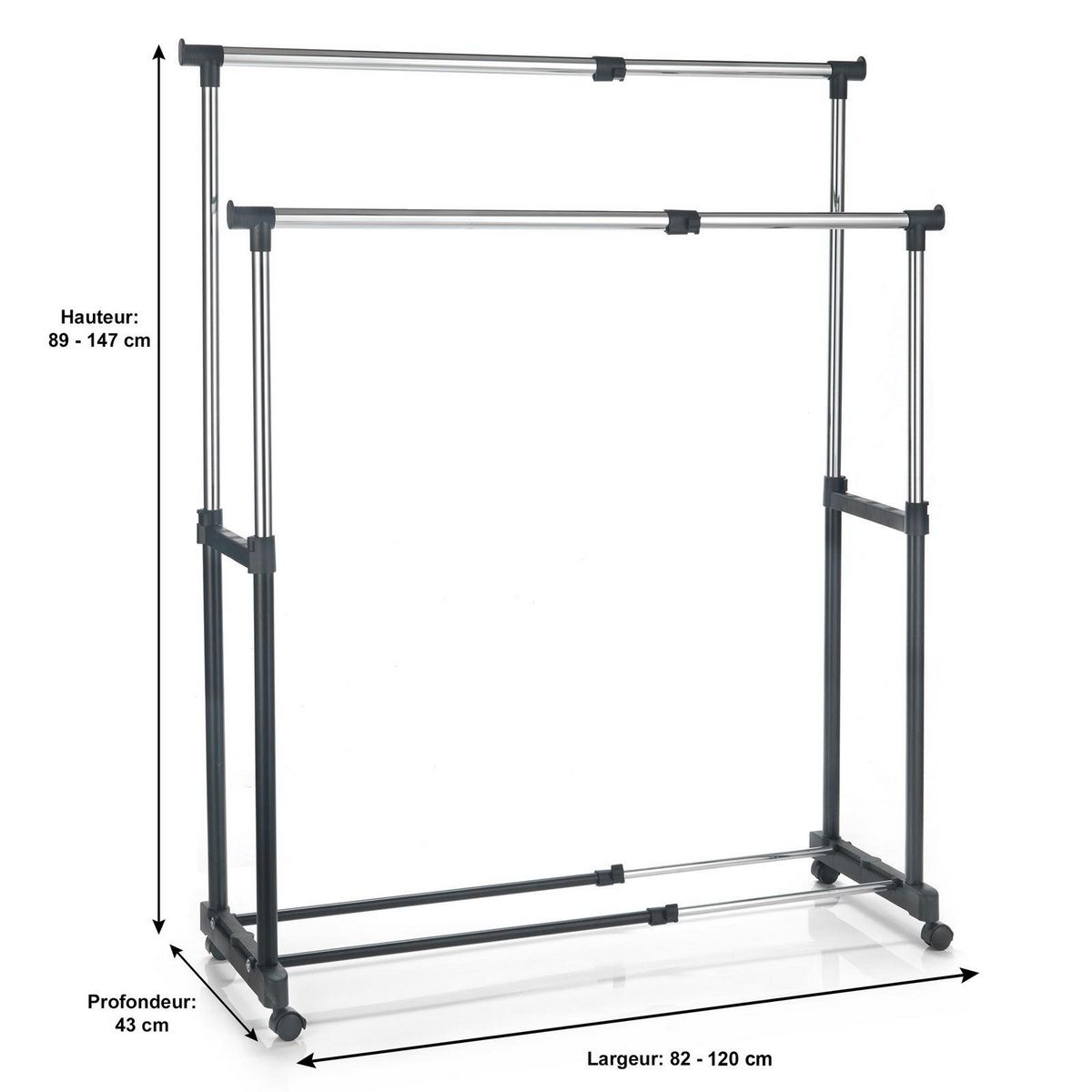 IDIMEX Portant à vêtements CASA en métal chromé et noir, penderie double sur roulettes avec 2 barres hauteur et longueur réglables