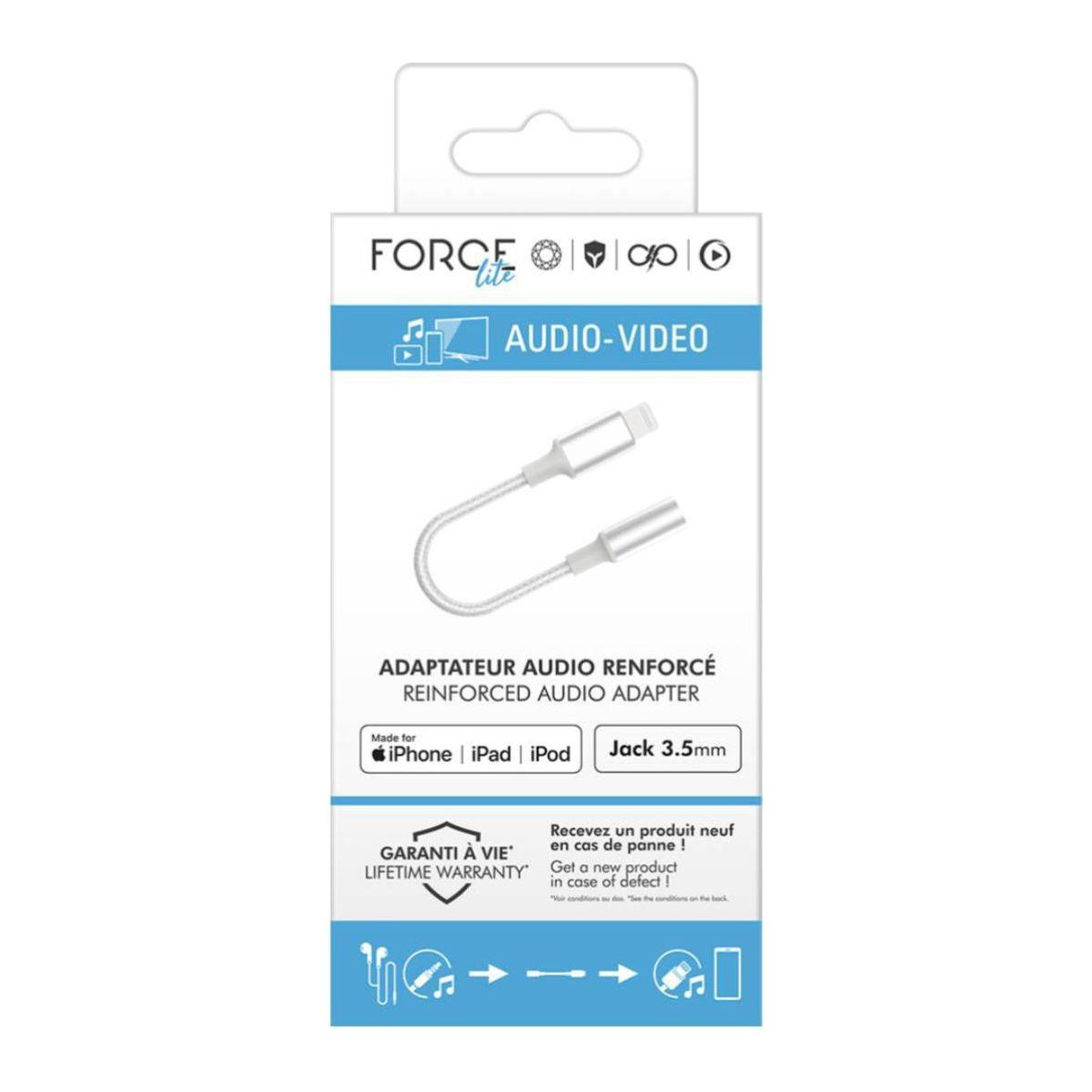 Voir la diapositive 3 : FORCE POWER Adaptateur jack lightning mfi/jack 3.5 m/f renforcé