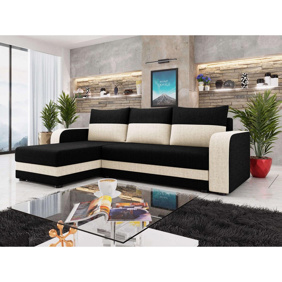 BEST MOBILIER Harvey - canapé d'angle réversible 4 places convertible avec coffre en tissu bicolore