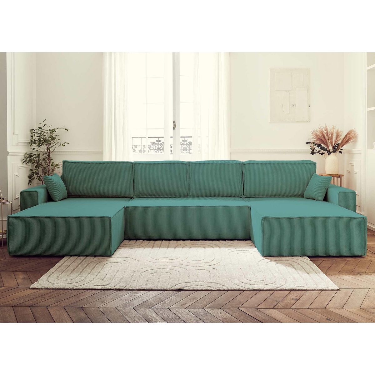 BEST MOBILIER Dellia - canapé panoramique en u - 7 places - convertible - avec coffre - en velours côtelé