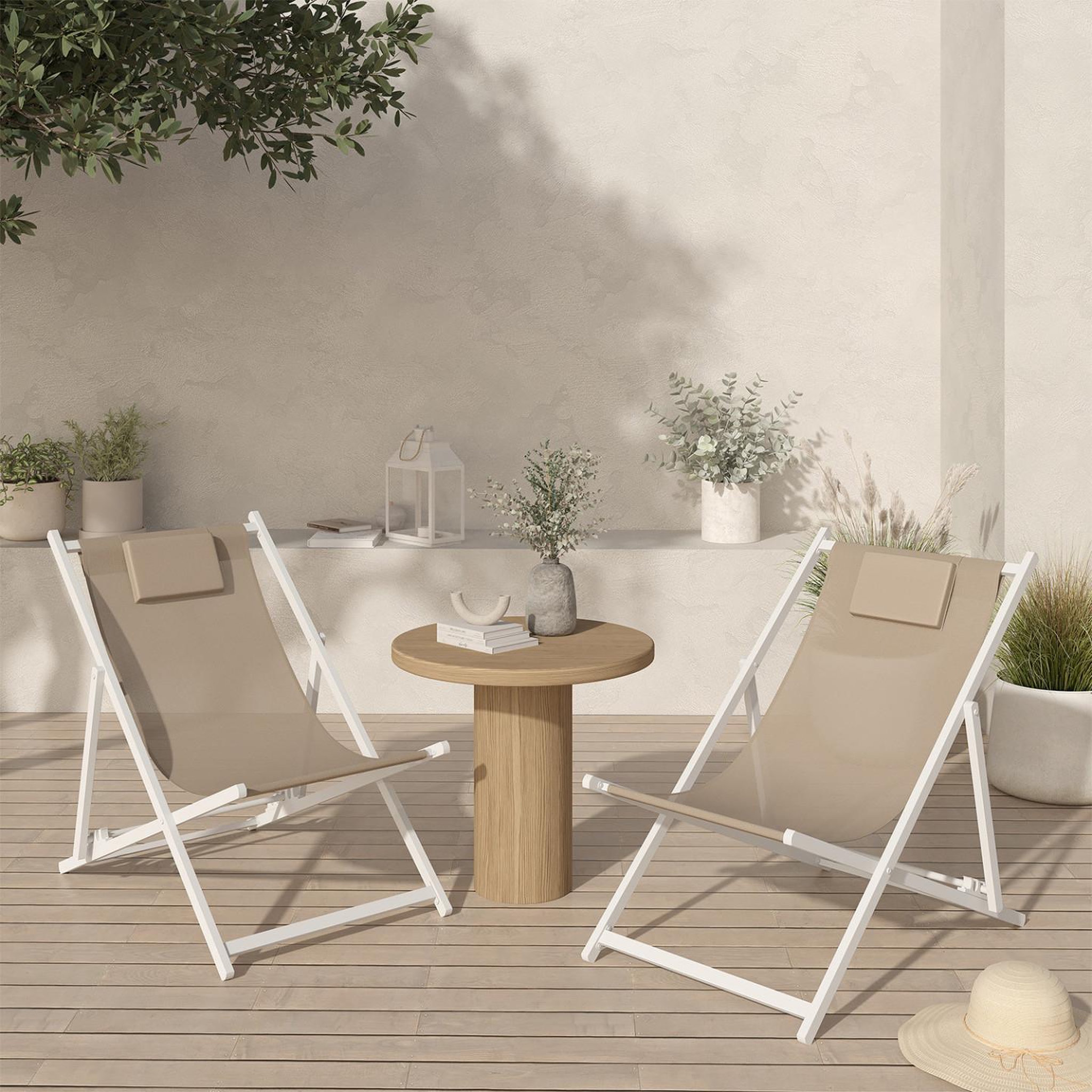 Voir la diapositive 2 : ID MARKET Lot de 2 chiliennes en métal blanc lota toile textilène beige