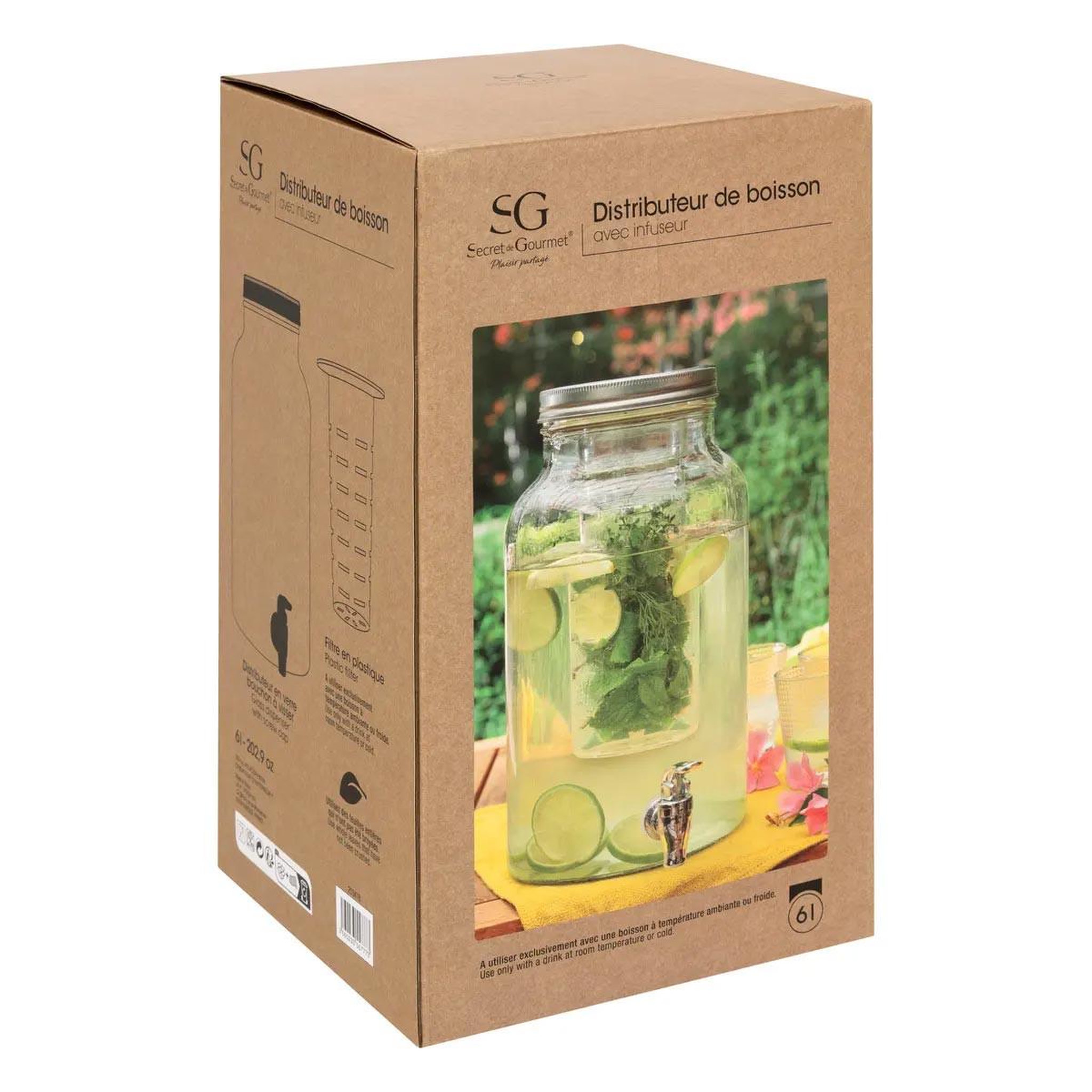 Voir la diapositive 4 : SECRET DE GOURMET Distributeur de boisson en verre  fuzy  6l transparent