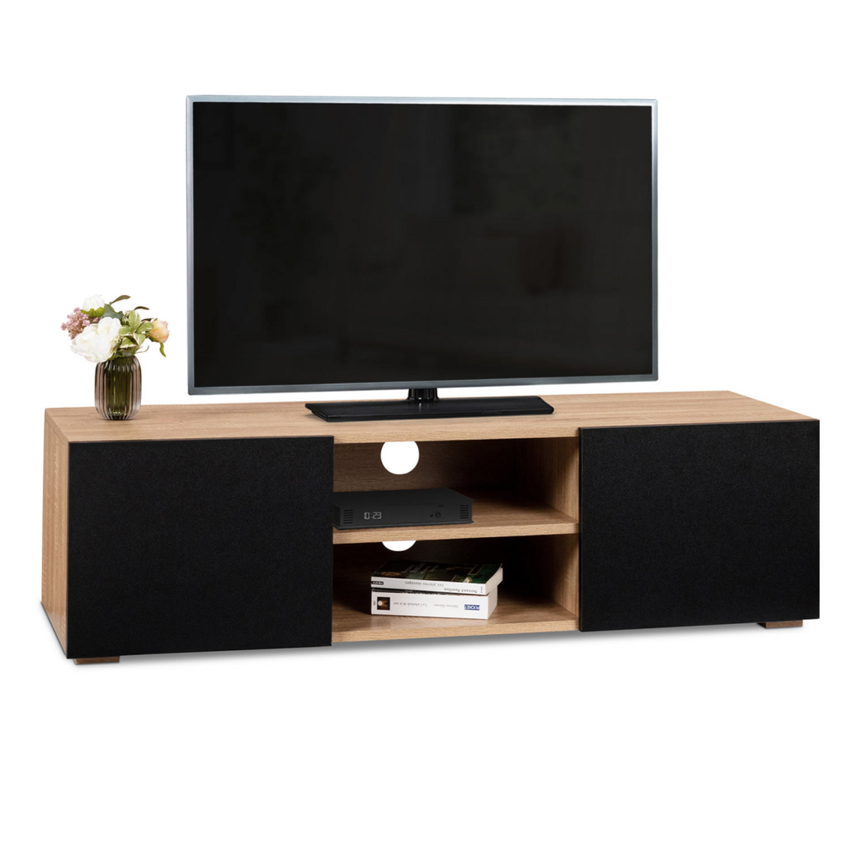 ID MARKET Meuble TV 113 cm ELI bois façon hêtre portes noires