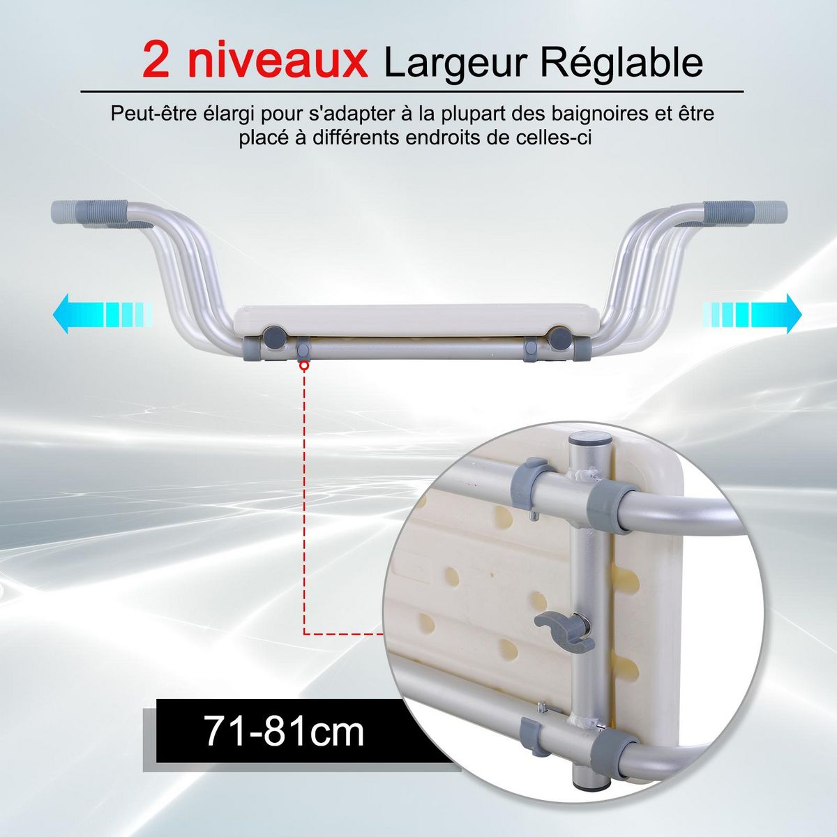 HOMCOM Siège de baignoire - siège de bain suspendu réglable - tabouret de salle de bain - dim. 71-81L x 22l x 18H cm - alu. HDPE blanc
