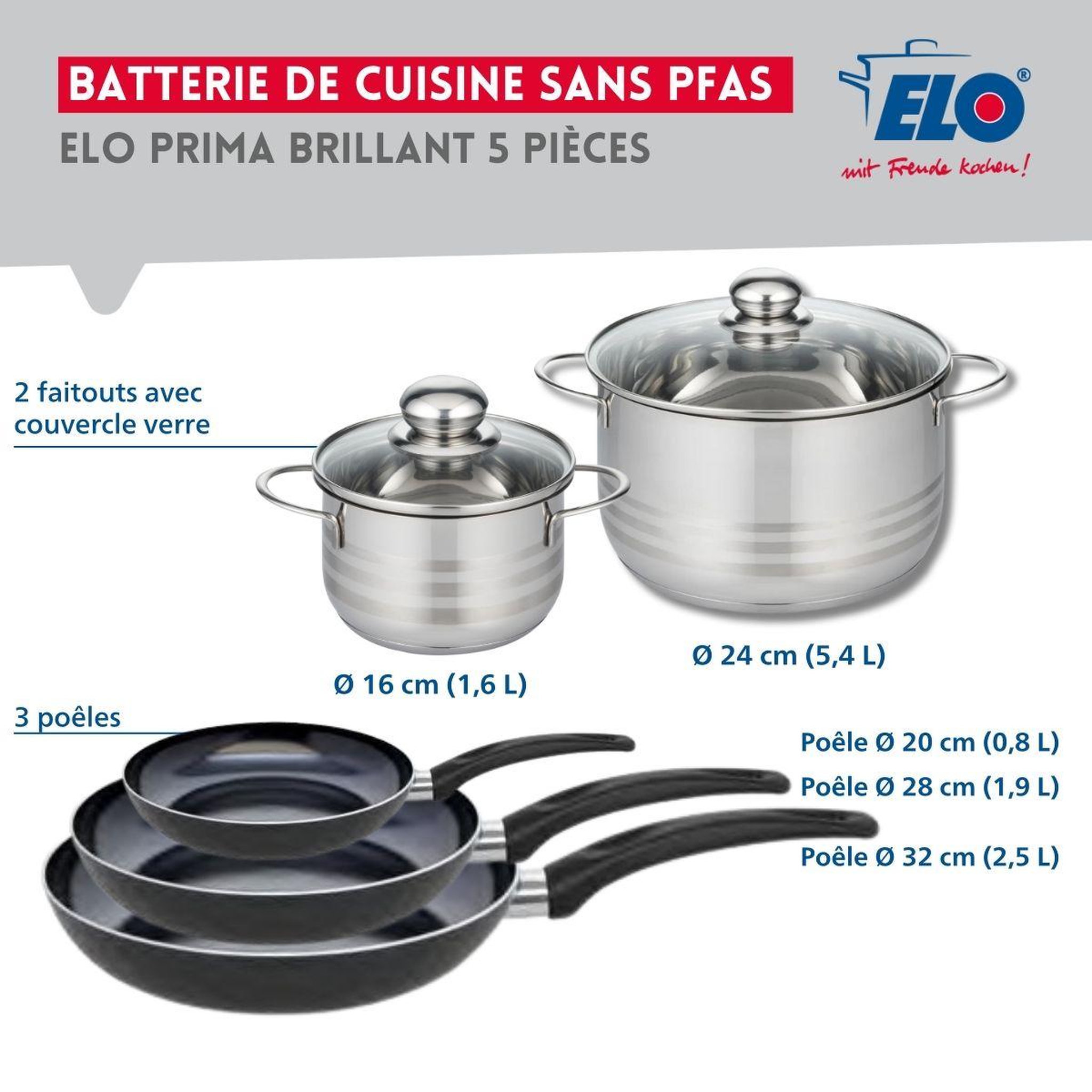 Voir la diapositive 2 : ELO Ensemble de 3 poêles de cuisson 20, 28 et 32 cm et 2 faitouts 16 et 24 cm elo prima brillant