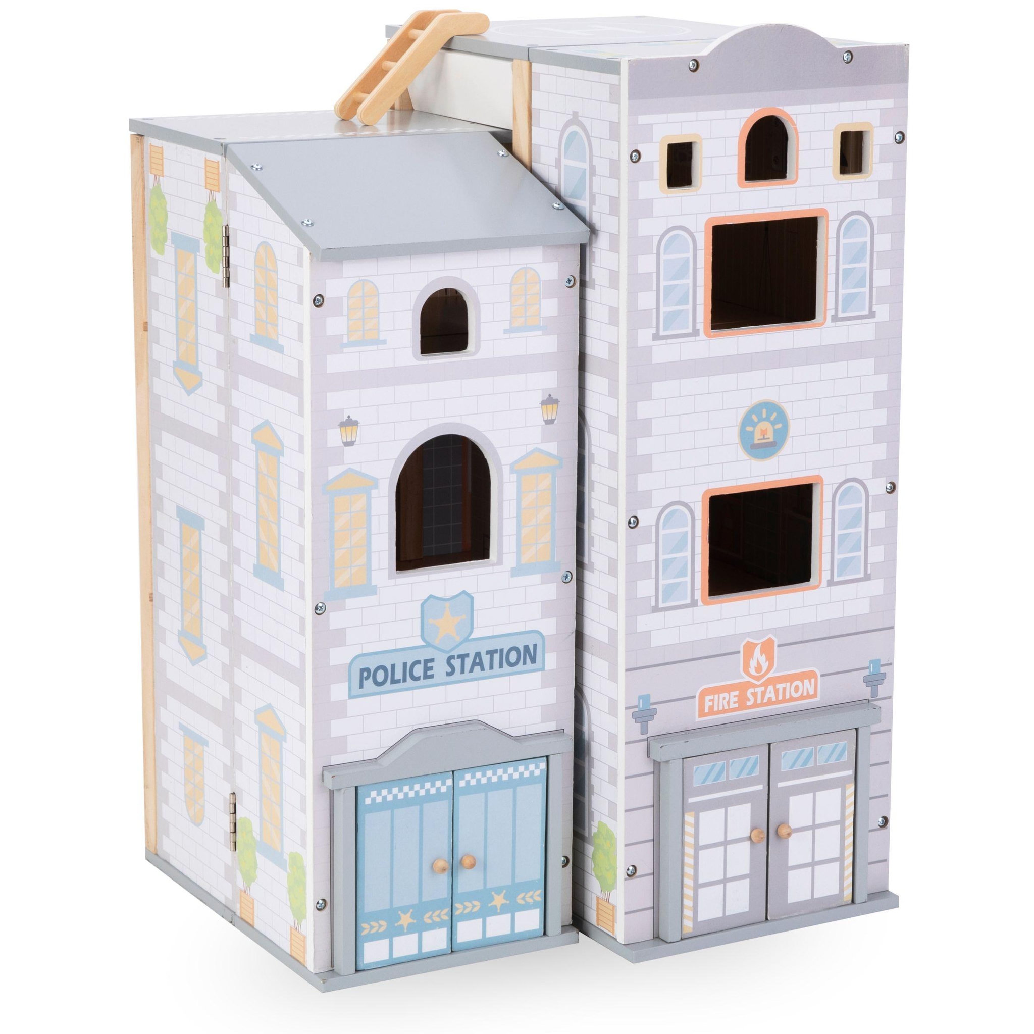 Voir la diapositive 5 : MAMABRUM Jouet de Construction en Bois, Grande Caserne de Pompiers - Poste de Police, 3 étages - 4 Figurines