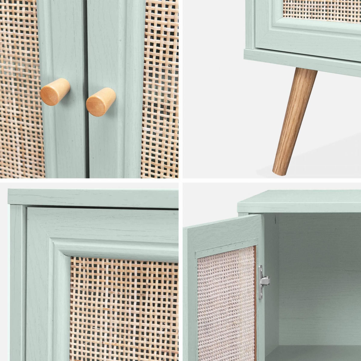 SWEEEK Meuble de rangement en cannage 80x39x65.8cm  Bohème - Vert céladon-  2 niveaux - 1 porte -  pieds scandinaves. buffet bas