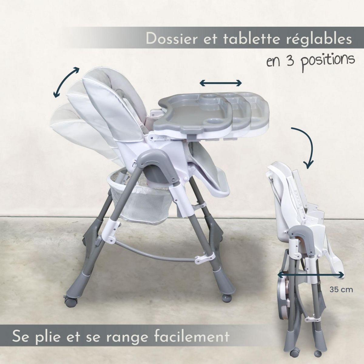 Monsieur Bébé Chaise haute bébé pliable réglable hauteur dossier tablette - Ptit