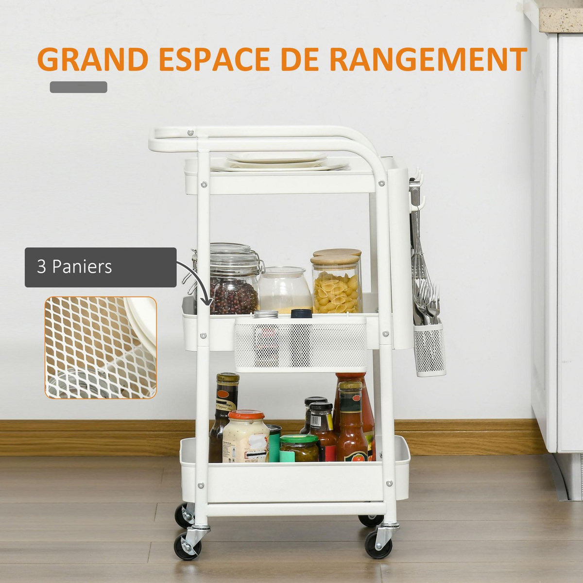 HOMCOM Desserte chariot de rangement en métal à roulettes 3 niveaux avec 2 range-couverts 4 crochets dim.51,5L x 32l x 75,6H cm