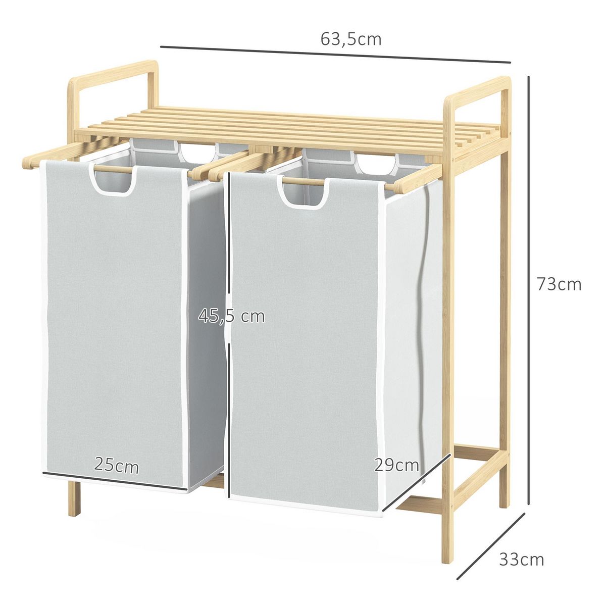 HOMCOM Panier à linge corbeille à linge bambou 2 paniers amovibles crème