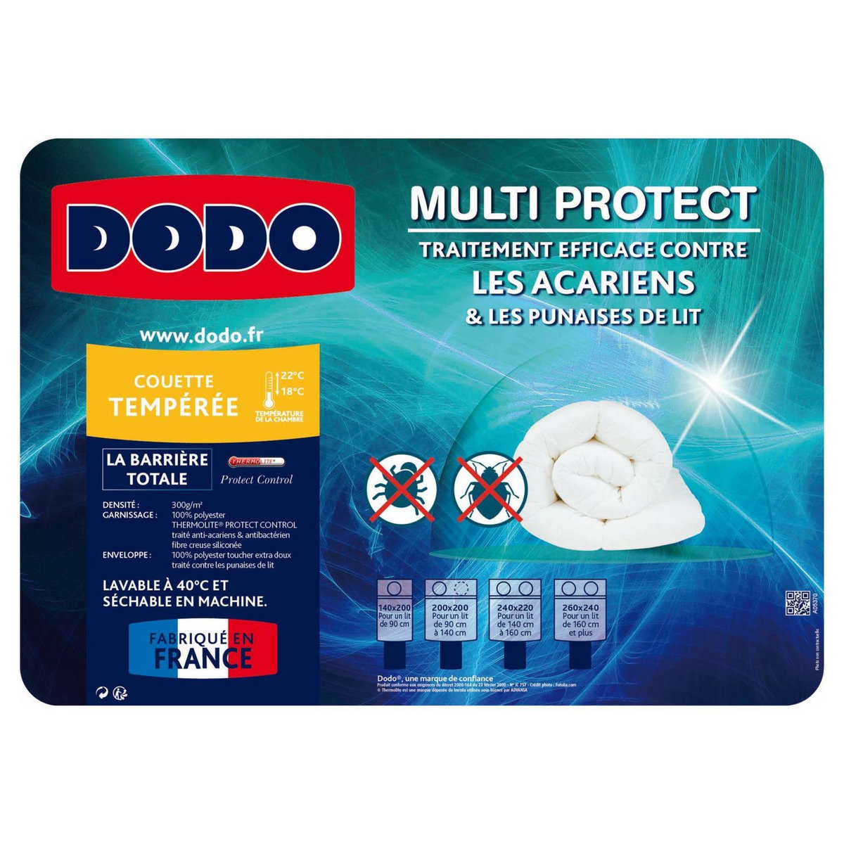 DODO Couette tempérée anti-acariens 300g/m² MULTI PROTECT