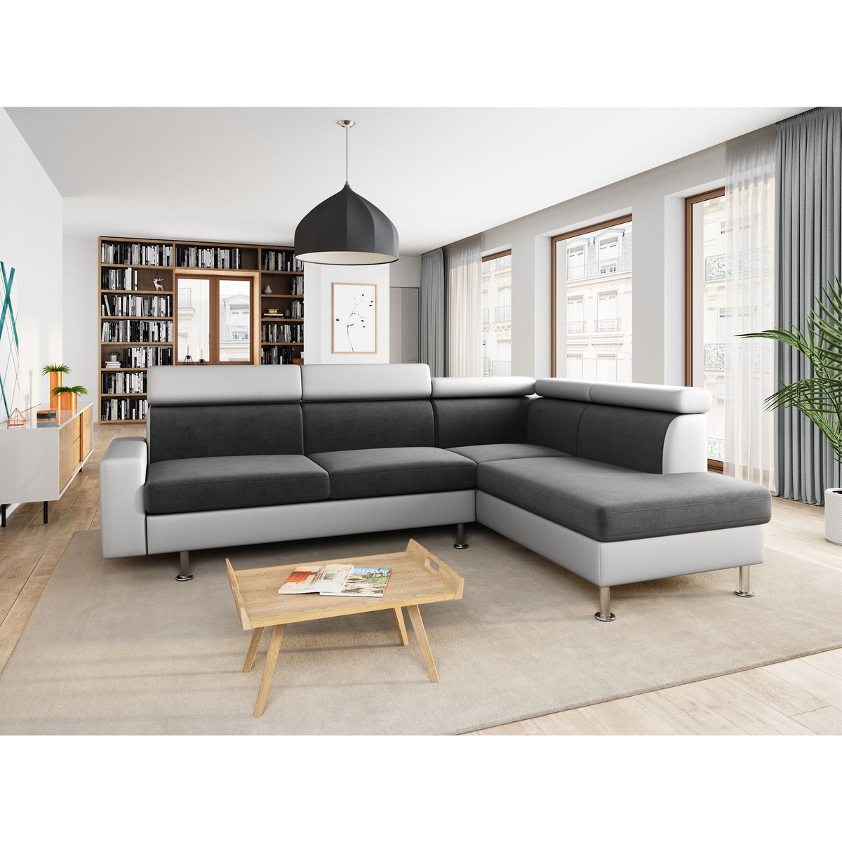 Canapé d'angle 4-5 places fixe avec LED  TOMY- Simili blanc - Microfibre grise - Angle droit