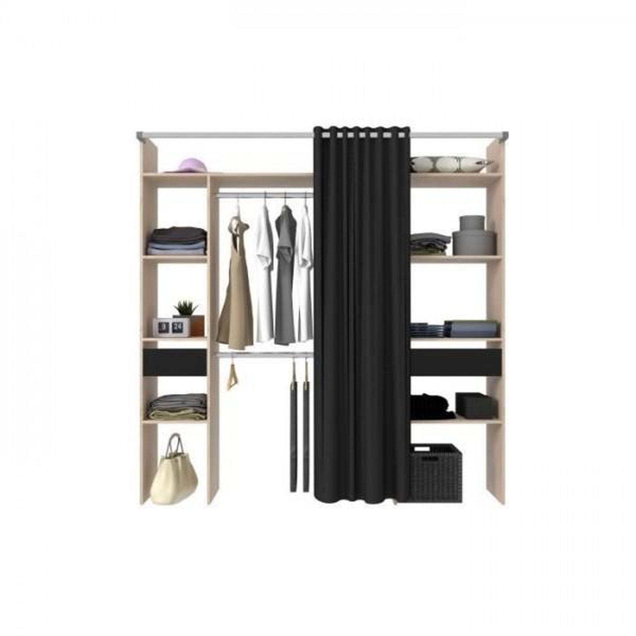 Voir la diapositive 4 : EKIPA Dressing ARTIC avec rideau - L 198 x H 203 cm - 2 colonnes + 2 penderies + 2 tiroirs - Chene Jackson et noir